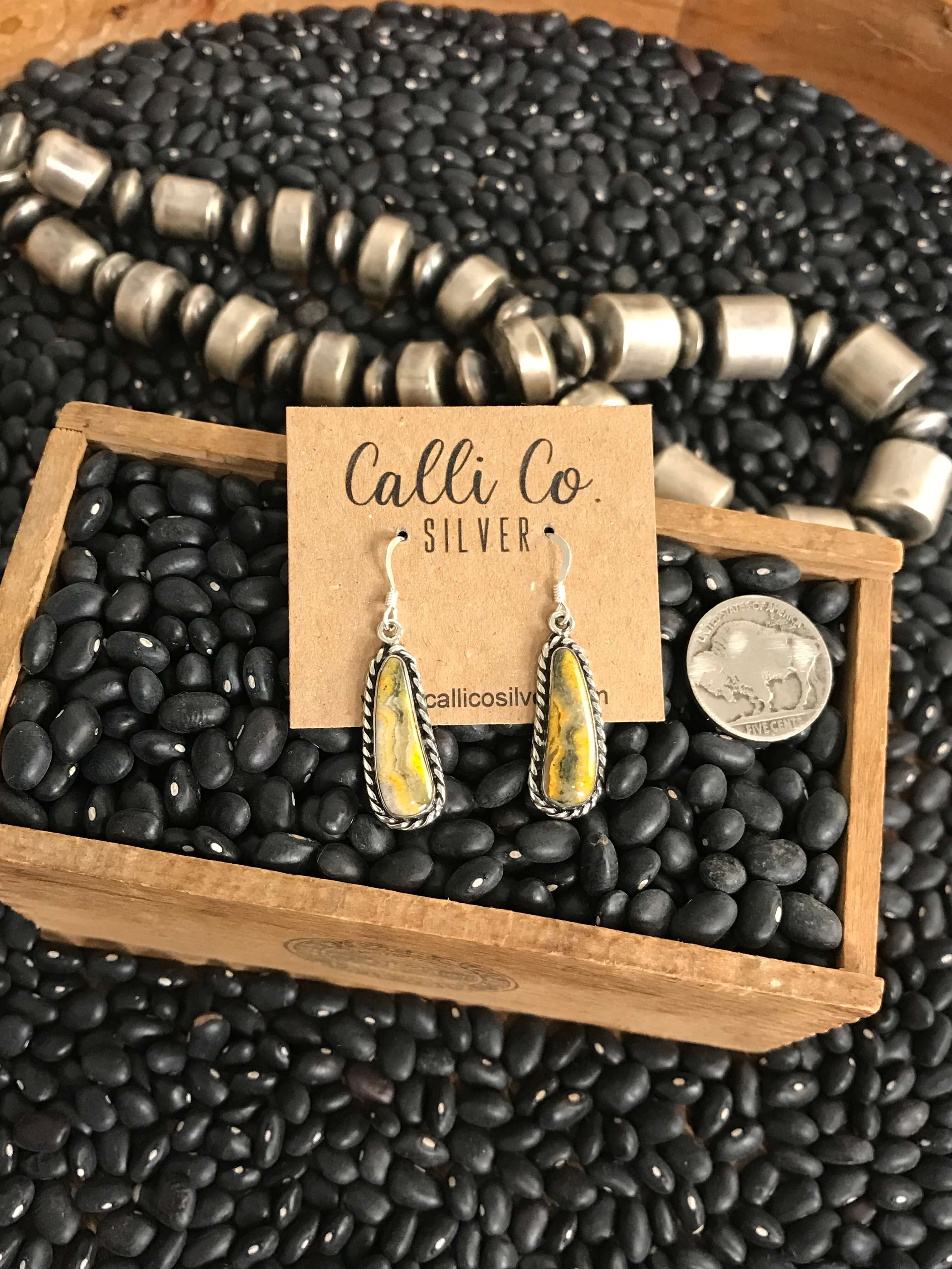 The Bumblebee Dangles, 10-Earrings-Calli Co., Turquoise and Silver Jewelry, Native American Handmade, Zuni Tribe, Navajo Tribe, Brock Texas