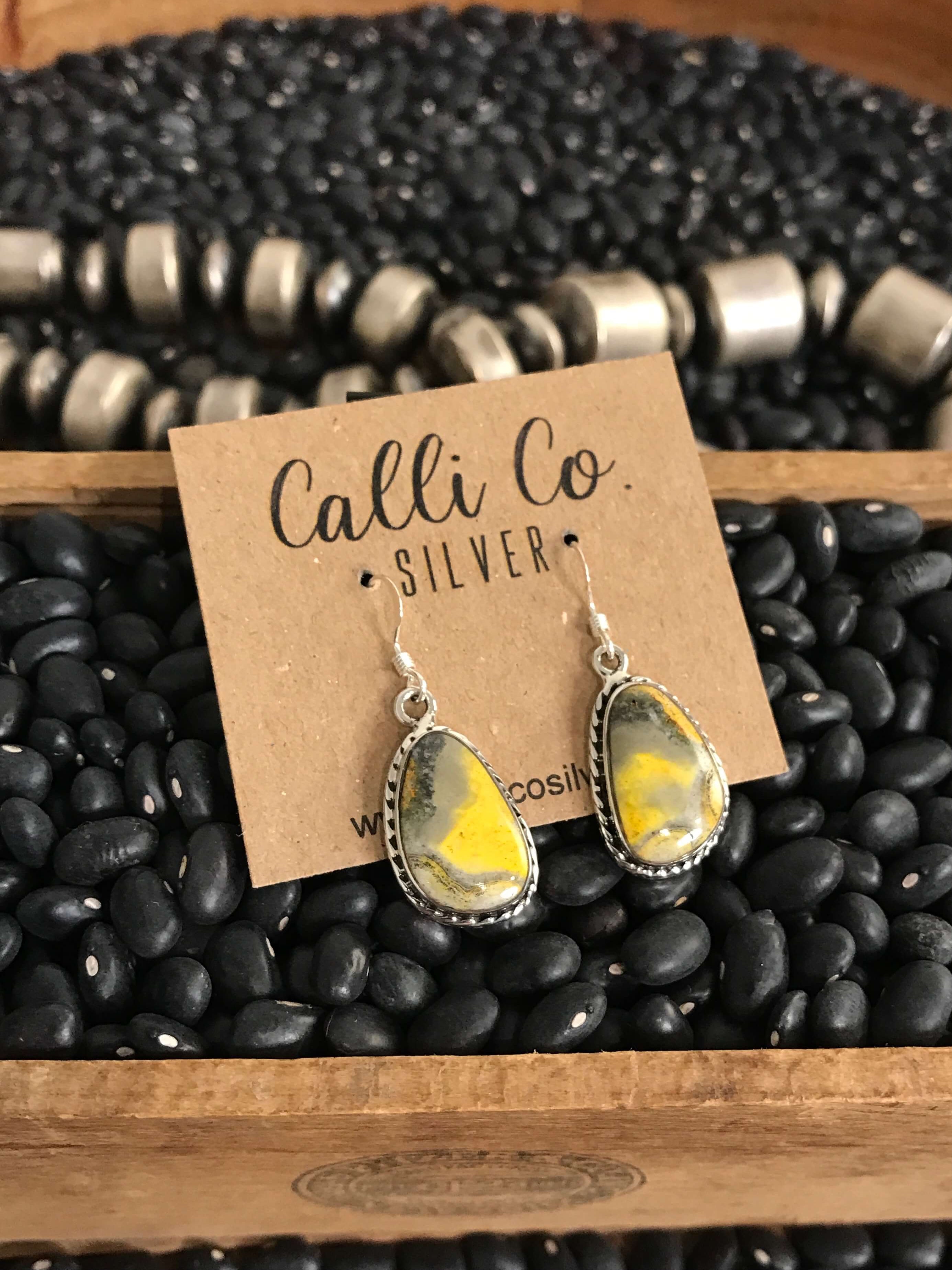 The Bumblebee Dangles, 11-Earrings-Calli Co., Turquoise and Silver Jewelry, Native American Handmade, Zuni Tribe, Navajo Tribe, Brock Texas