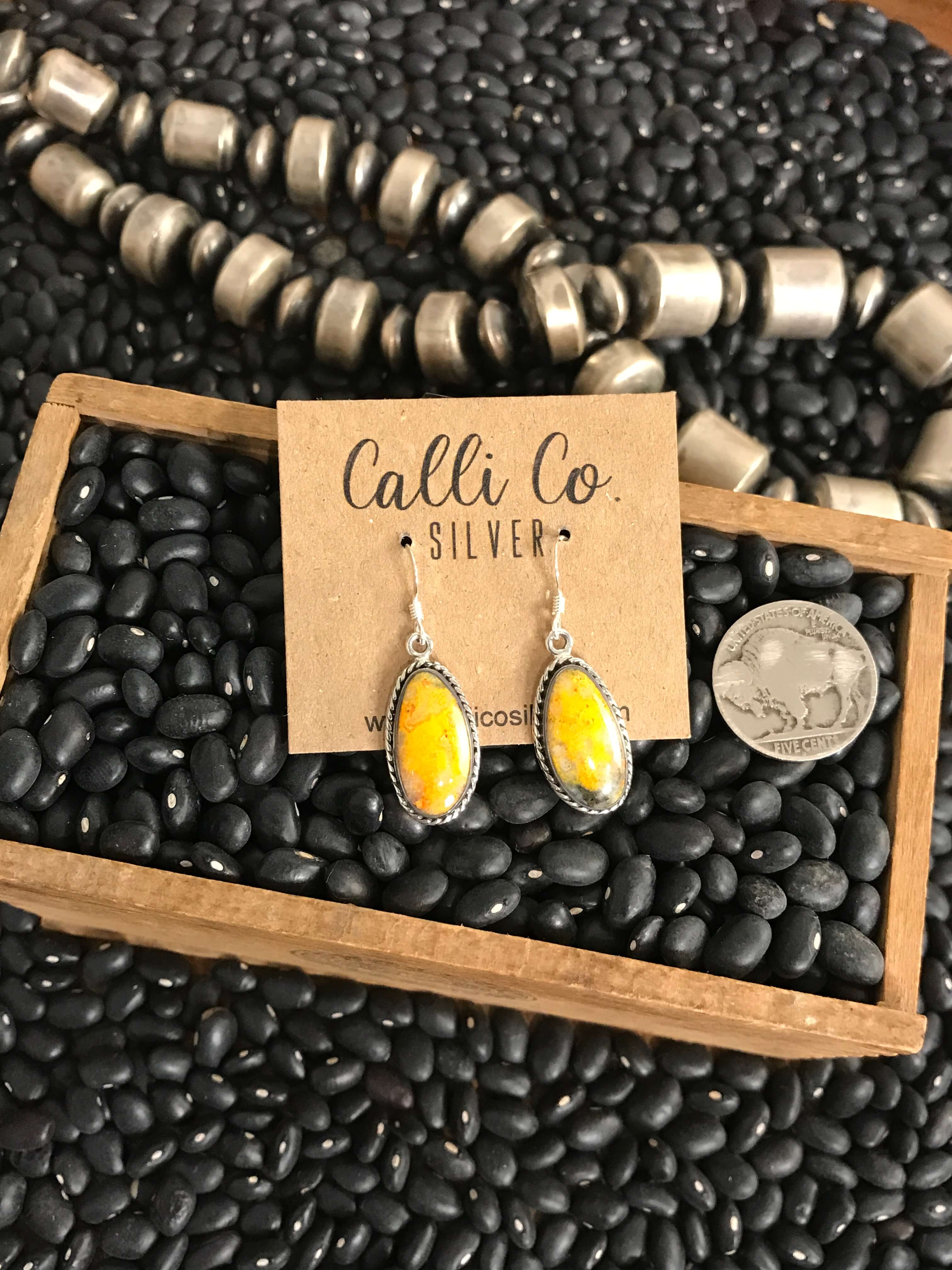 The Bumblebee Dangles, 12-Earrings-Calli Co., Turquoise and Silver Jewelry, Native American Handmade, Zuni Tribe, Navajo Tribe, Brock Texas