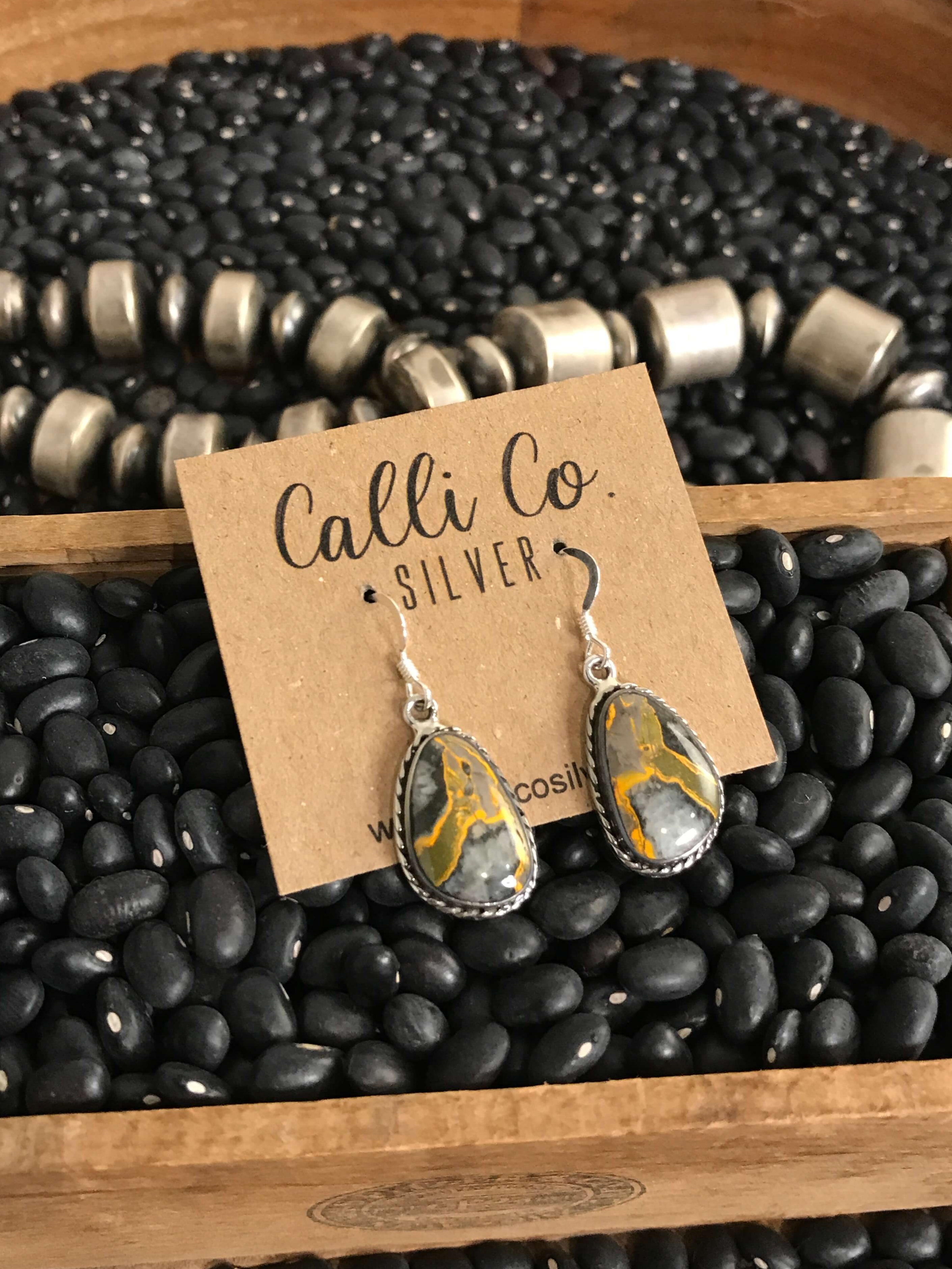 The Bumblebee Dangles, 13-Earrings-Calli Co., Turquoise and Silver Jewelry, Native American Handmade, Zuni Tribe, Navajo Tribe, Brock Texas