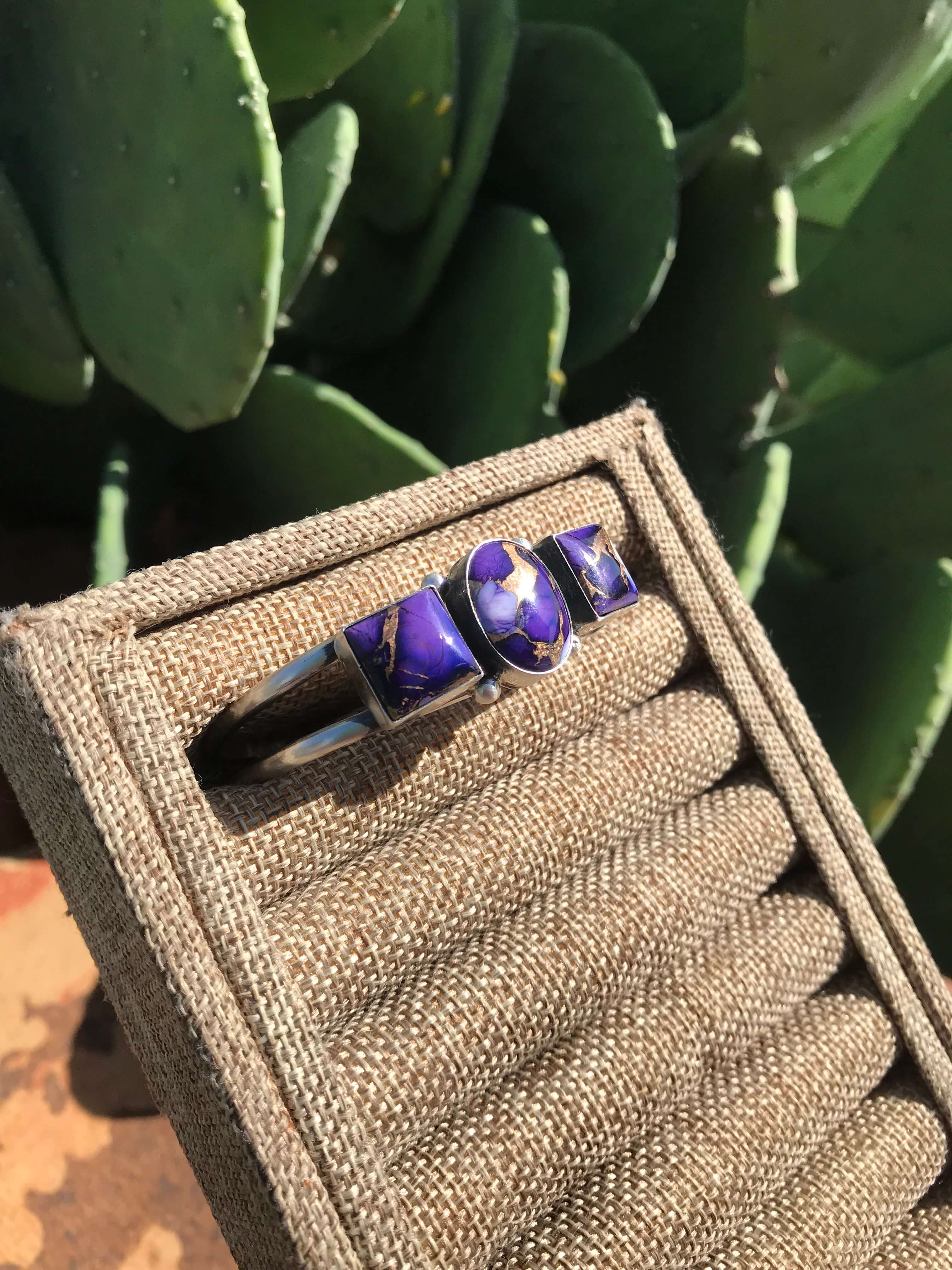 The Triple Stone Purple Dahlia Cuff, 1-Bracelets & Cuffs-Calli Co., Turquoise and Silver Jewelry, Native American Handmade, Zuni Tribe, Navajo Tribe, Brock Texas