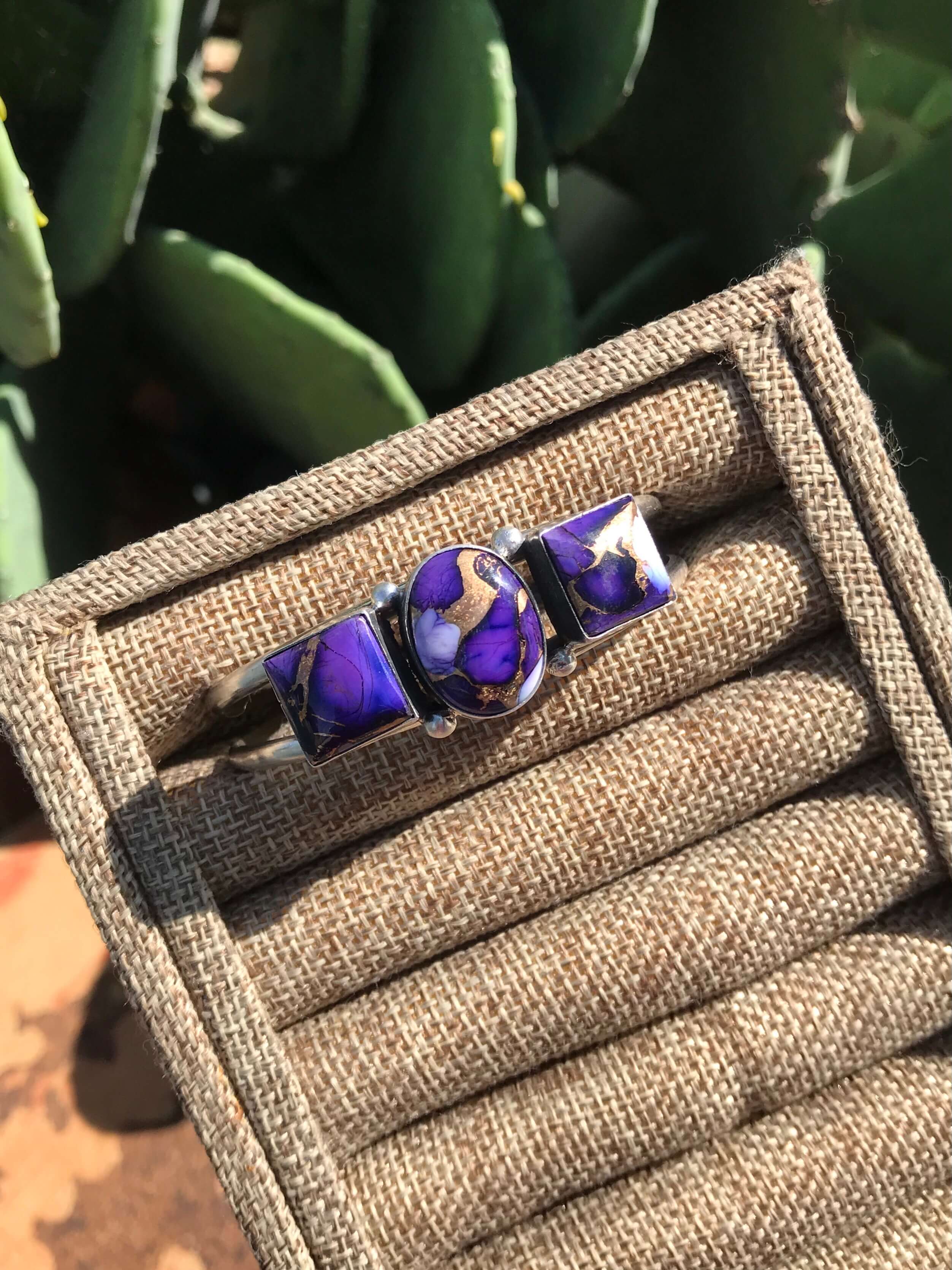 The Triple Stone Purple Dahlia Cuff, 1-Bracelets & Cuffs-Calli Co., Turquoise and Silver Jewelry, Native American Handmade, Zuni Tribe, Navajo Tribe, Brock Texas