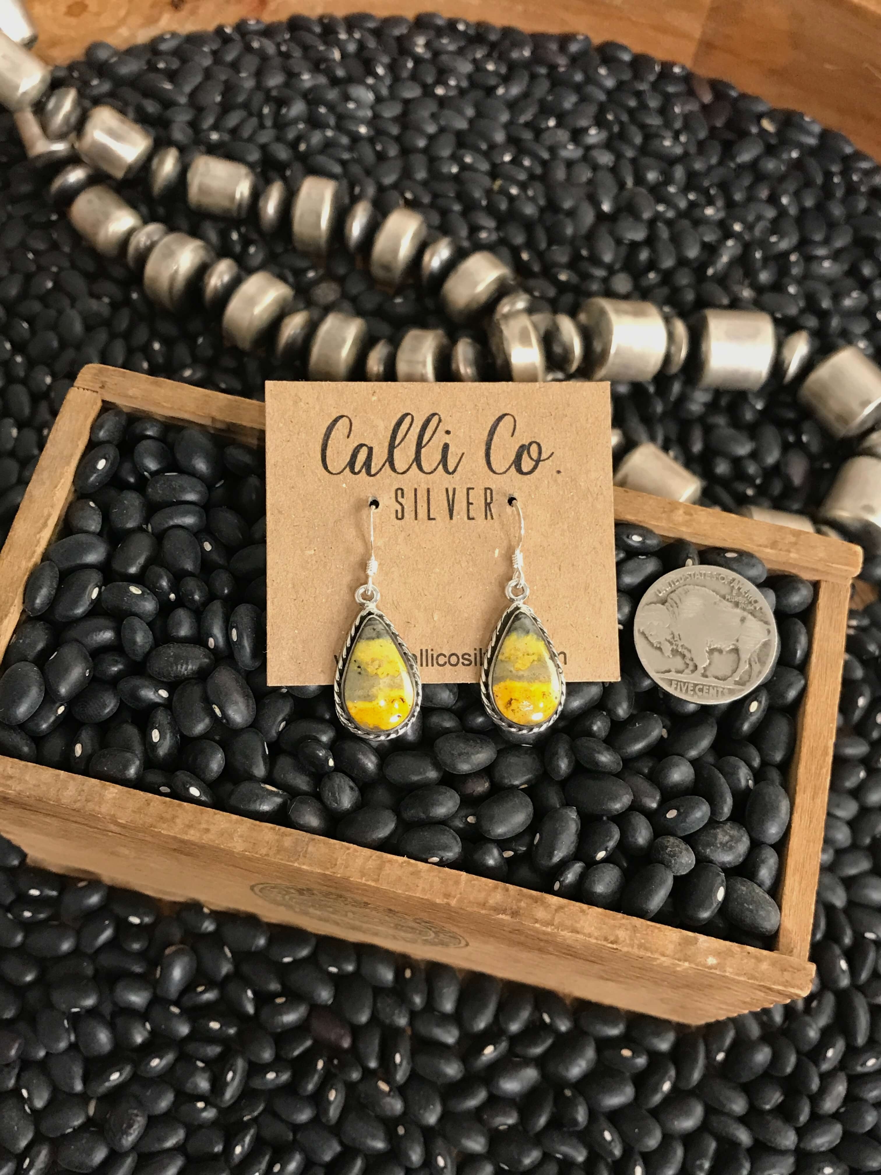 The Bumblebee Dangles, 14-Earrings-Calli Co., Turquoise and Silver Jewelry, Native American Handmade, Zuni Tribe, Navajo Tribe, Brock Texas