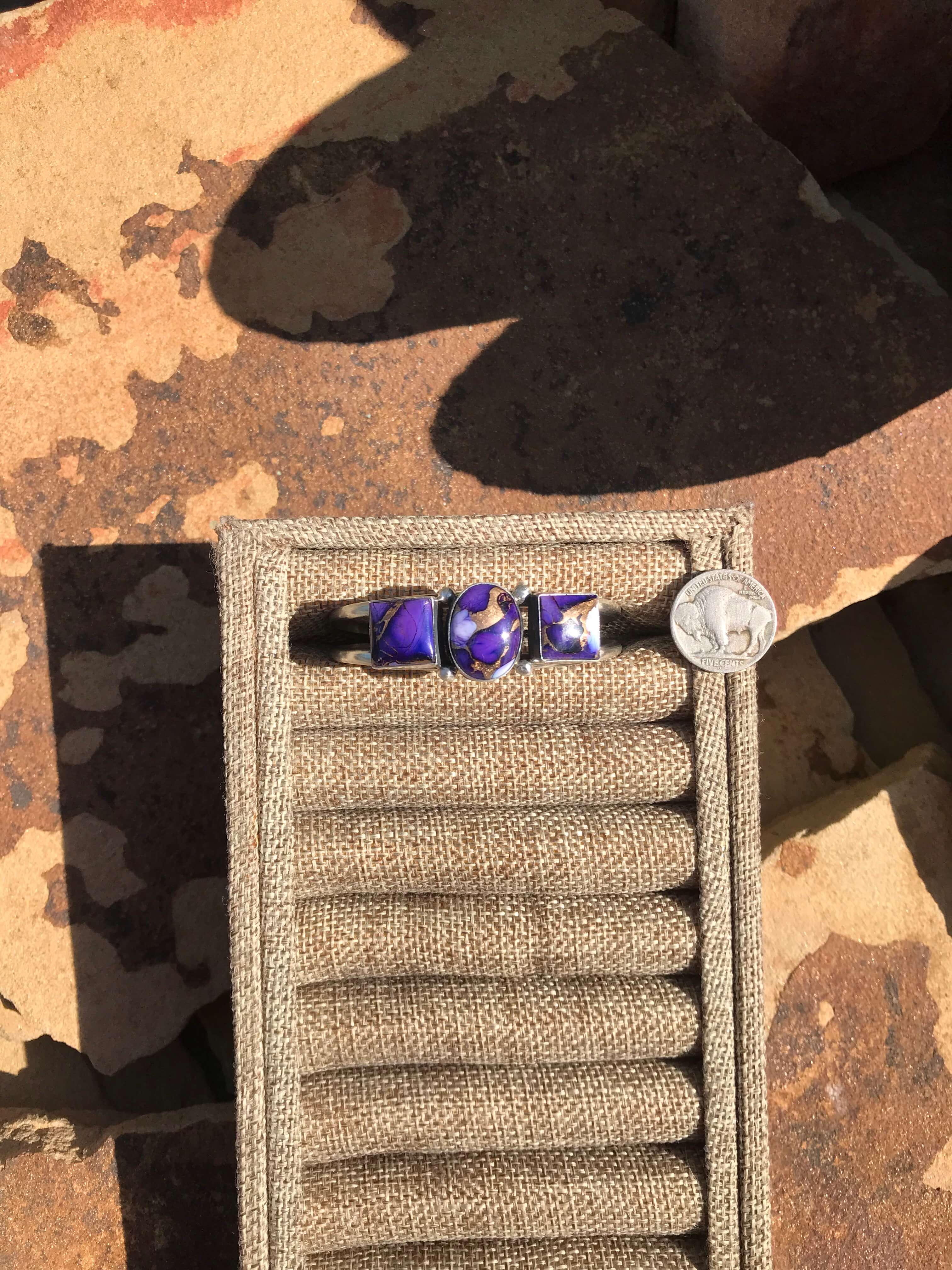 The Triple Stone Purple Dahlia Cuff, 1-Bracelets & Cuffs-Calli Co., Turquoise and Silver Jewelry, Native American Handmade, Zuni Tribe, Navajo Tribe, Brock Texas