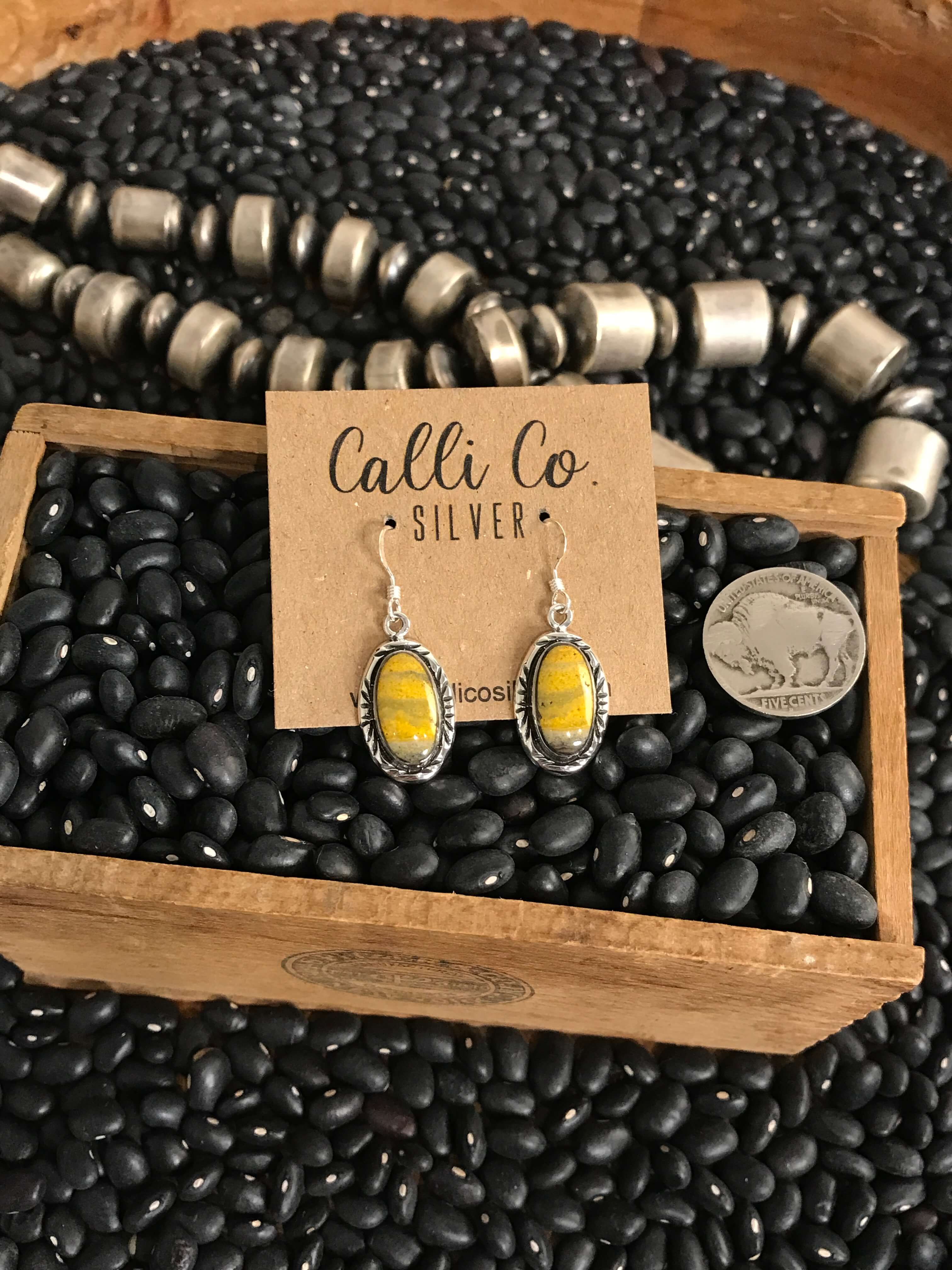 The Bumblebee Dangles, 16-Earrings-Calli Co., Turquoise and Silver Jewelry, Native American Handmade, Zuni Tribe, Navajo Tribe, Brock Texas