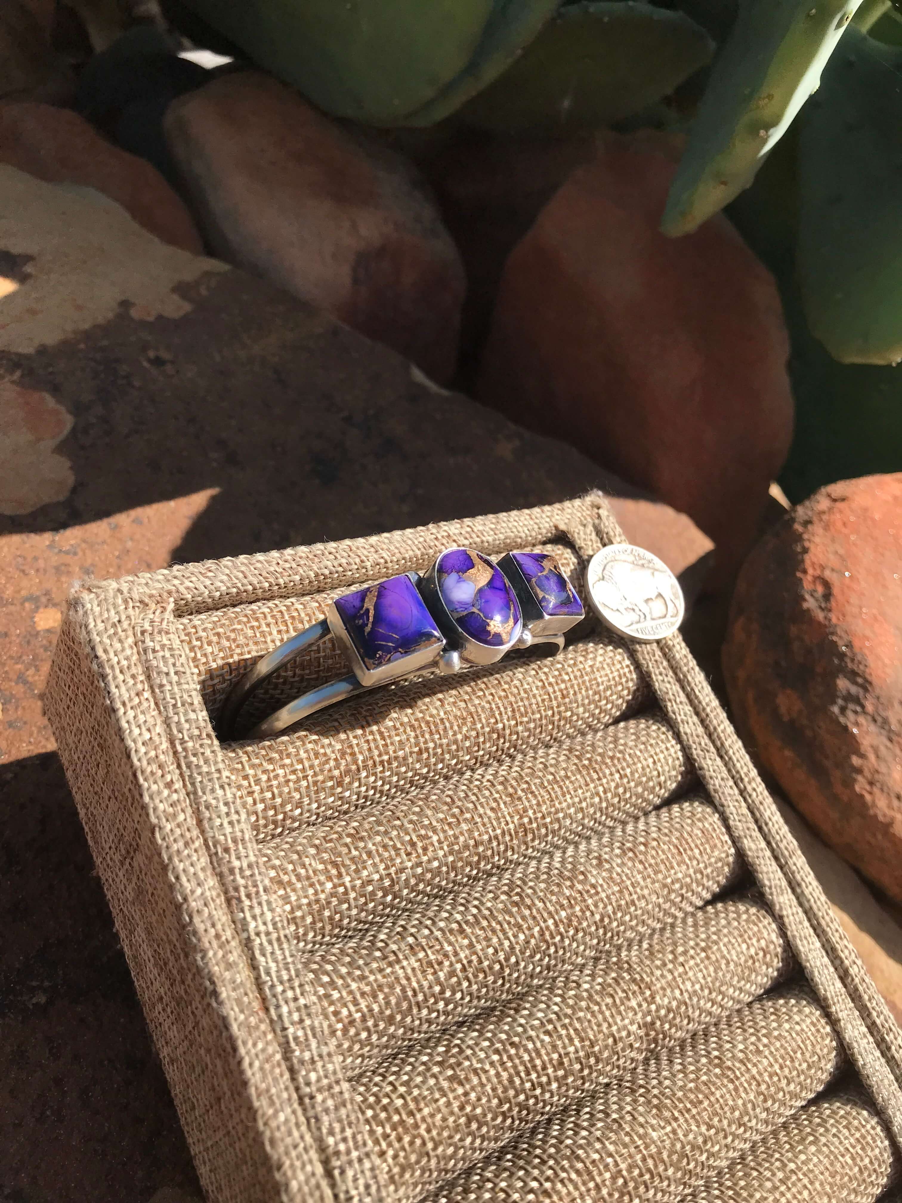The Triple Stone Purple Dahlia Cuff, 1-Bracelets & Cuffs-Calli Co., Turquoise and Silver Jewelry, Native American Handmade, Zuni Tribe, Navajo Tribe, Brock Texas