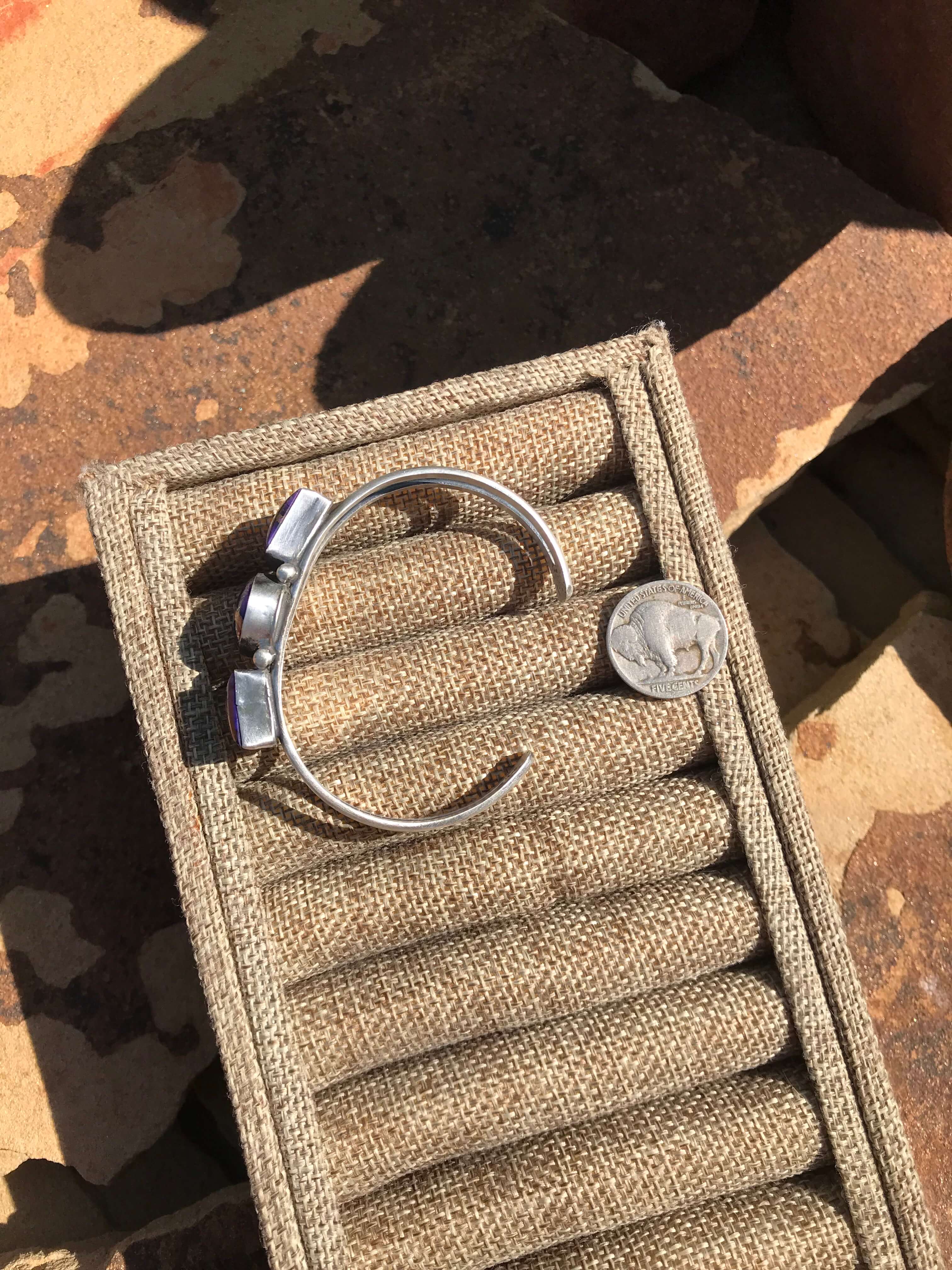 The Triple Stone Purple Dahlia Cuff, 1-Bracelets & Cuffs-Calli Co., Turquoise and Silver Jewelry, Native American Handmade, Zuni Tribe, Navajo Tribe, Brock Texas