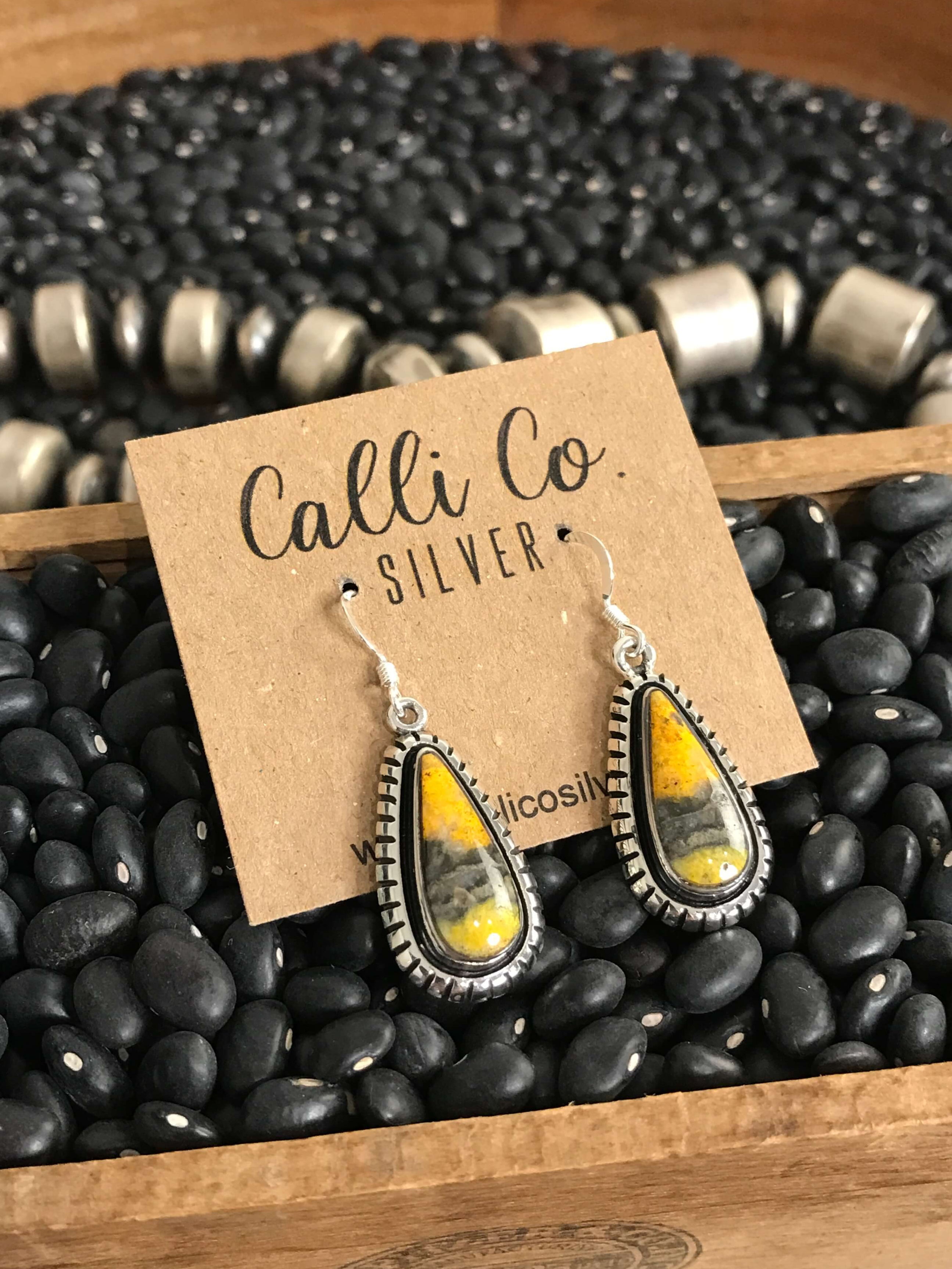 The Bumblebee Dangles, 18-Earrings-Calli Co., Turquoise and Silver Jewelry, Native American Handmade, Zuni Tribe, Navajo Tribe, Brock Texas