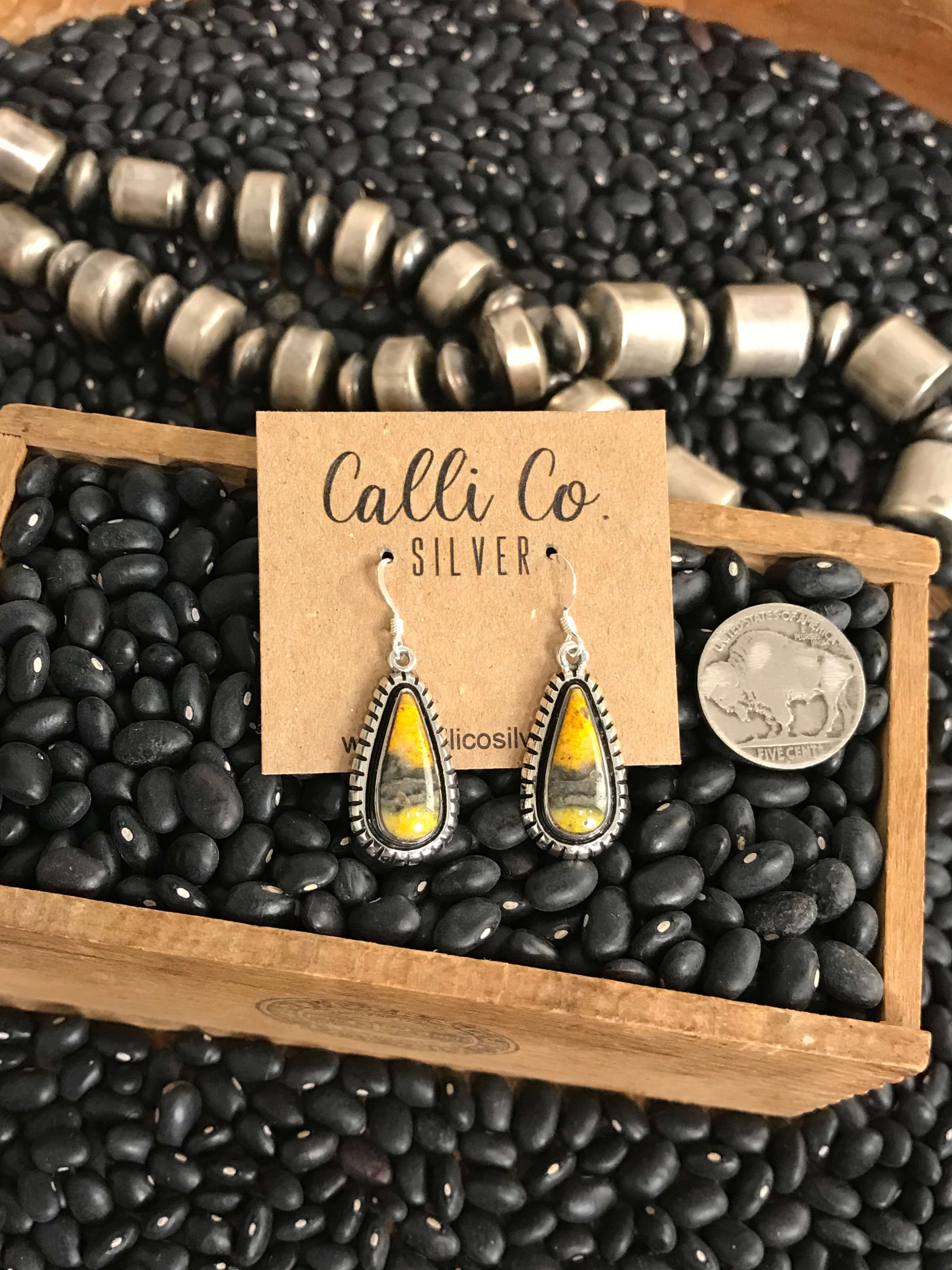 The Bumblebee Dangles, 18-Earrings-Calli Co., Turquoise and Silver Jewelry, Native American Handmade, Zuni Tribe, Navajo Tribe, Brock Texas