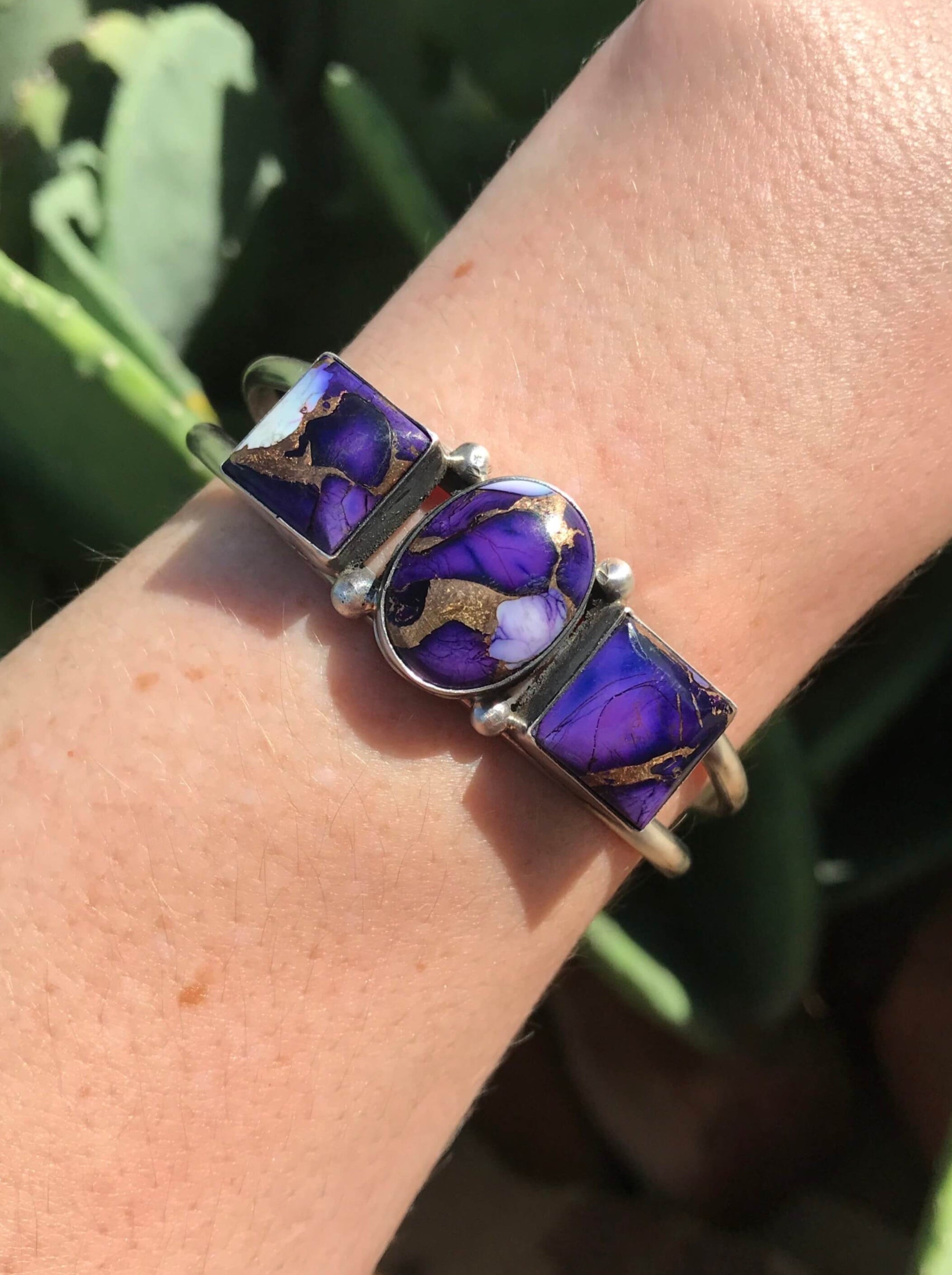 The Triple Stone Purple Dahlia Cuff, 1-Bracelets & Cuffs-Calli Co., Turquoise and Silver Jewelry, Native American Handmade, Zuni Tribe, Navajo Tribe, Brock Texas