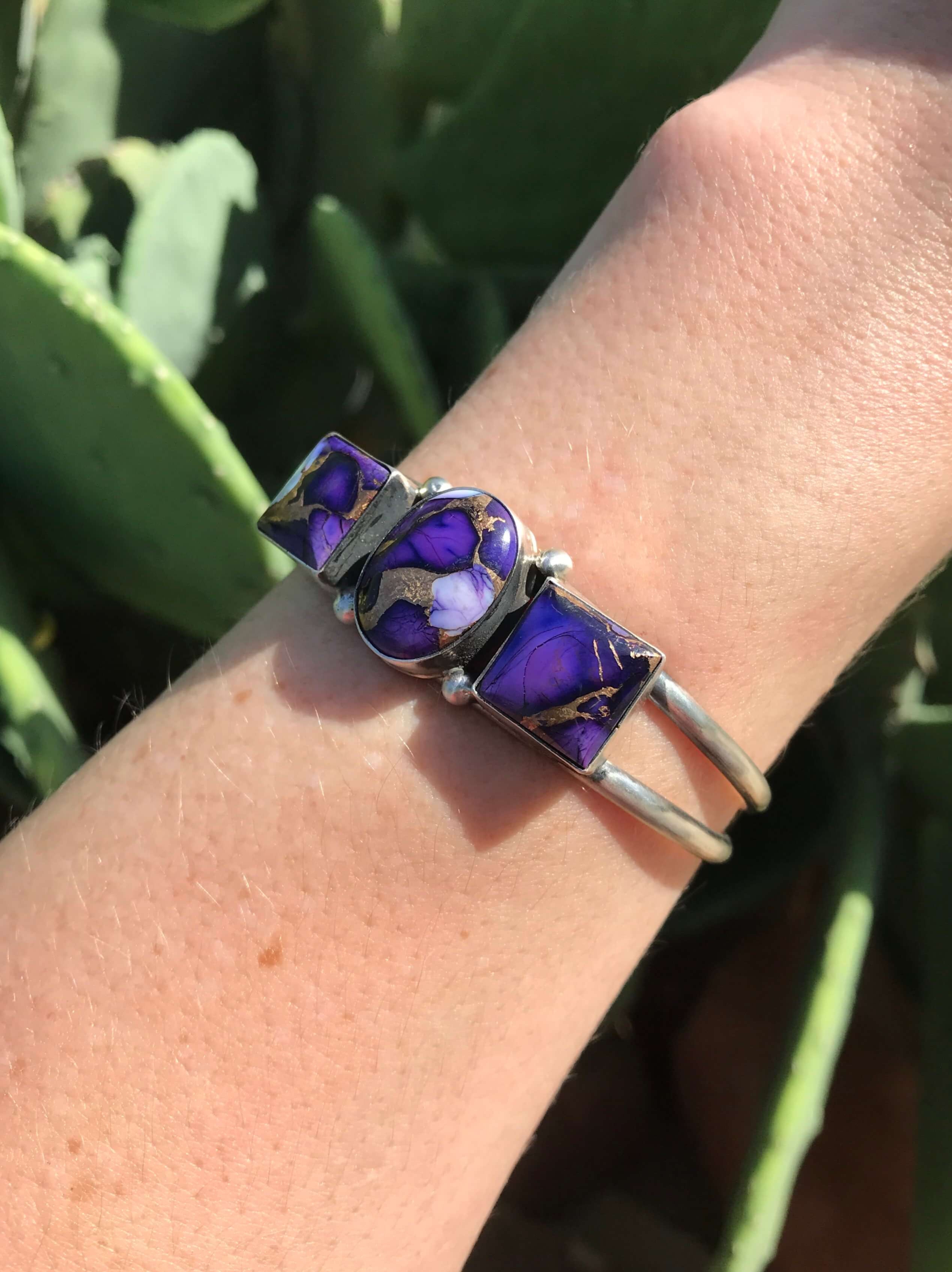 The Triple Stone Purple Dahlia Cuff, 1-Bracelets & Cuffs-Calli Co., Turquoise and Silver Jewelry, Native American Handmade, Zuni Tribe, Navajo Tribe, Brock Texas