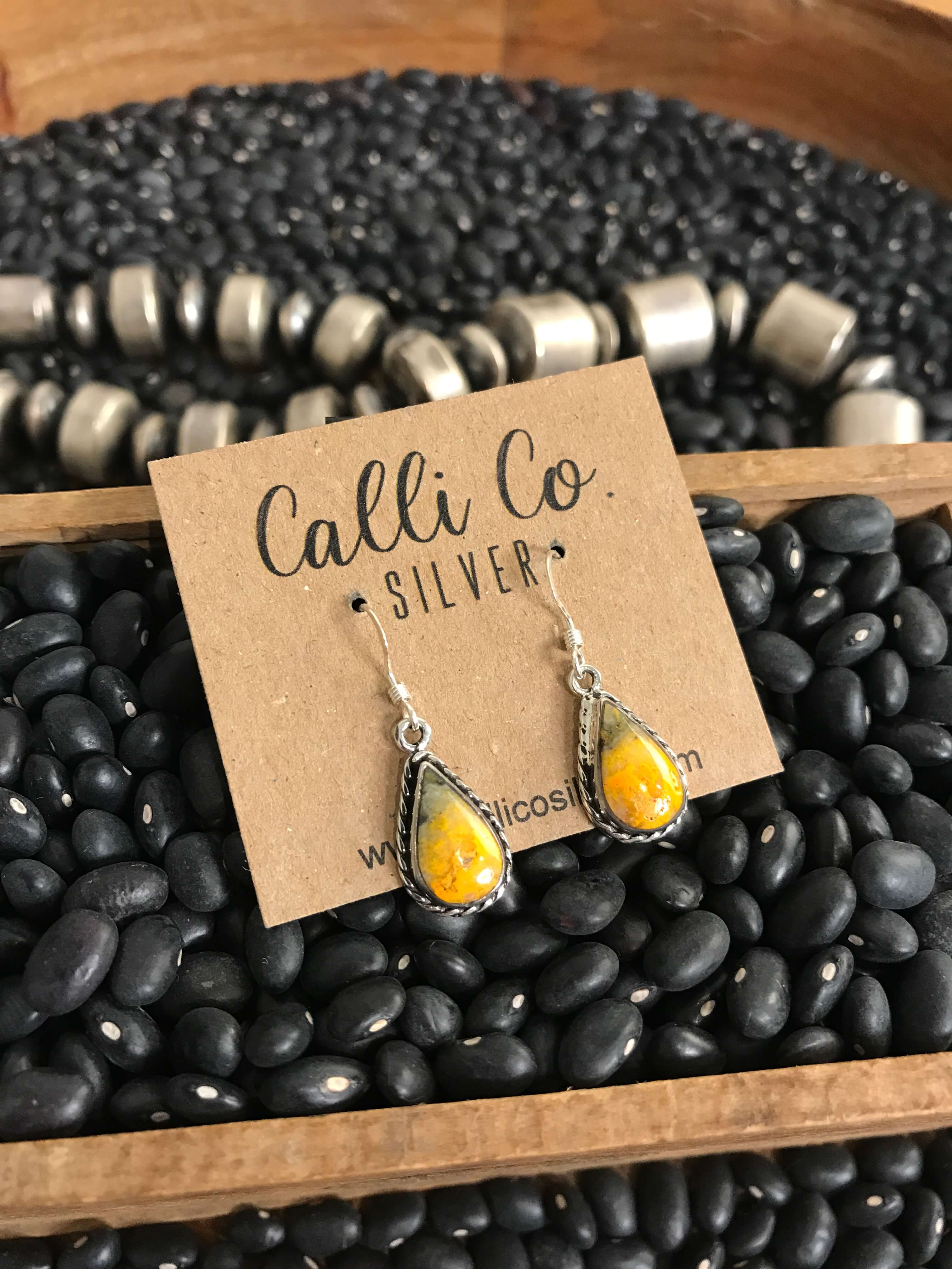 The Bumblebee Dangles, 24-Earrings-Calli Co., Turquoise and Silver Jewelry, Native American Handmade, Zuni Tribe, Navajo Tribe, Brock Texas