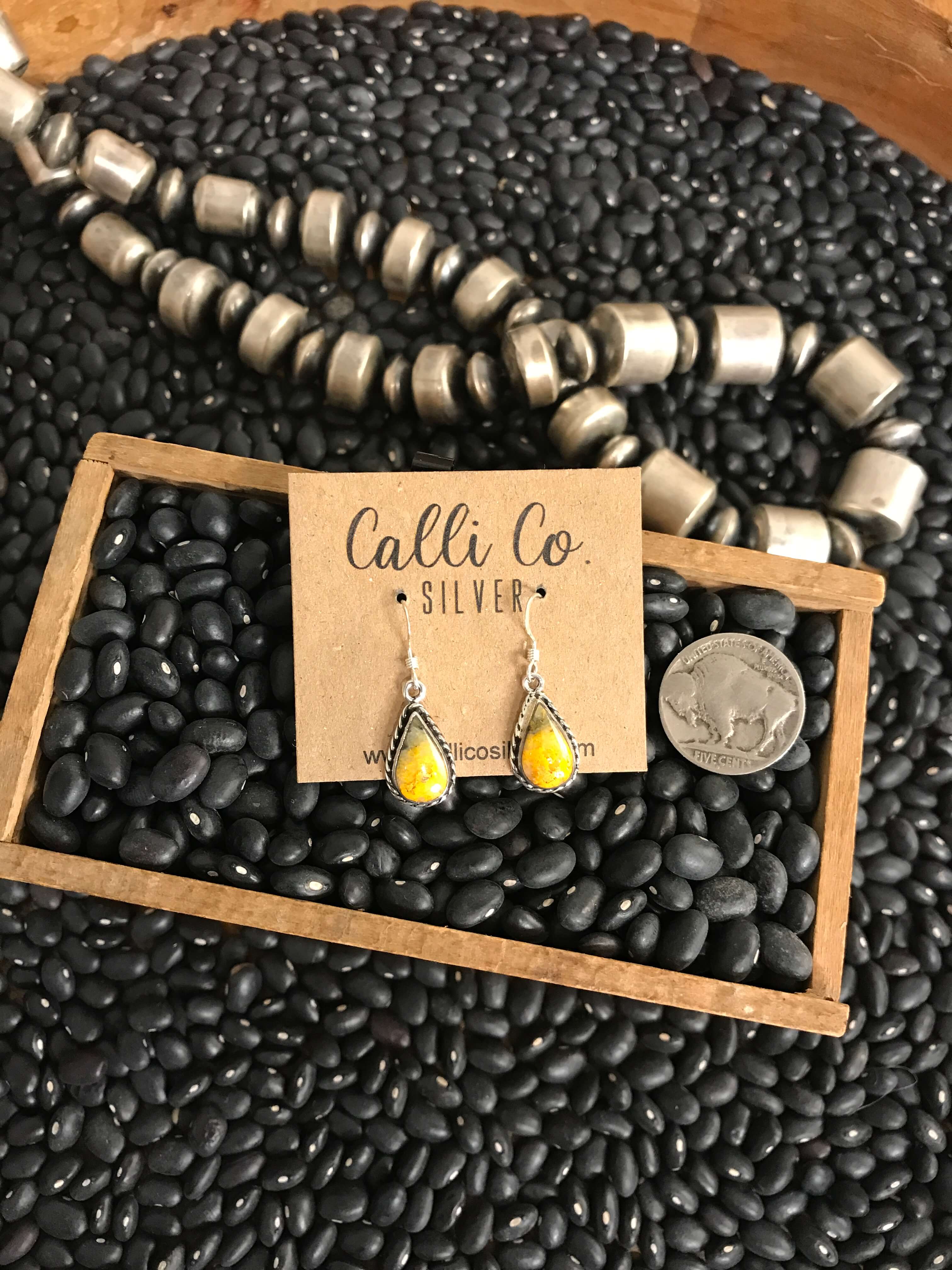 The Bumblebee Dangles, 24-Earrings-Calli Co., Turquoise and Silver Jewelry, Native American Handmade, Zuni Tribe, Navajo Tribe, Brock Texas