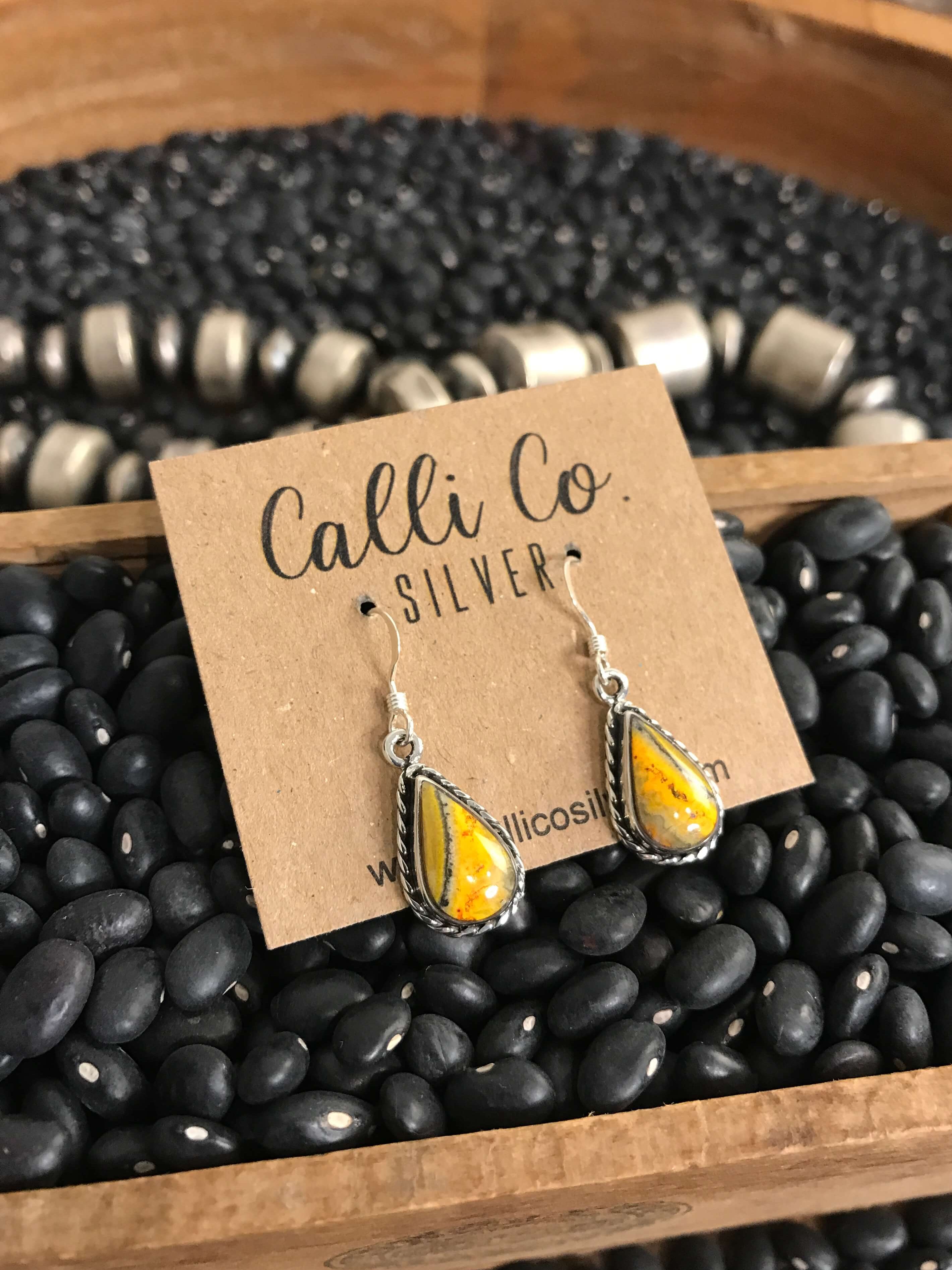 The Bumblebee Dangles, 25-Earrings-Calli Co., Turquoise and Silver Jewelry, Native American Handmade, Zuni Tribe, Navajo Tribe, Brock Texas