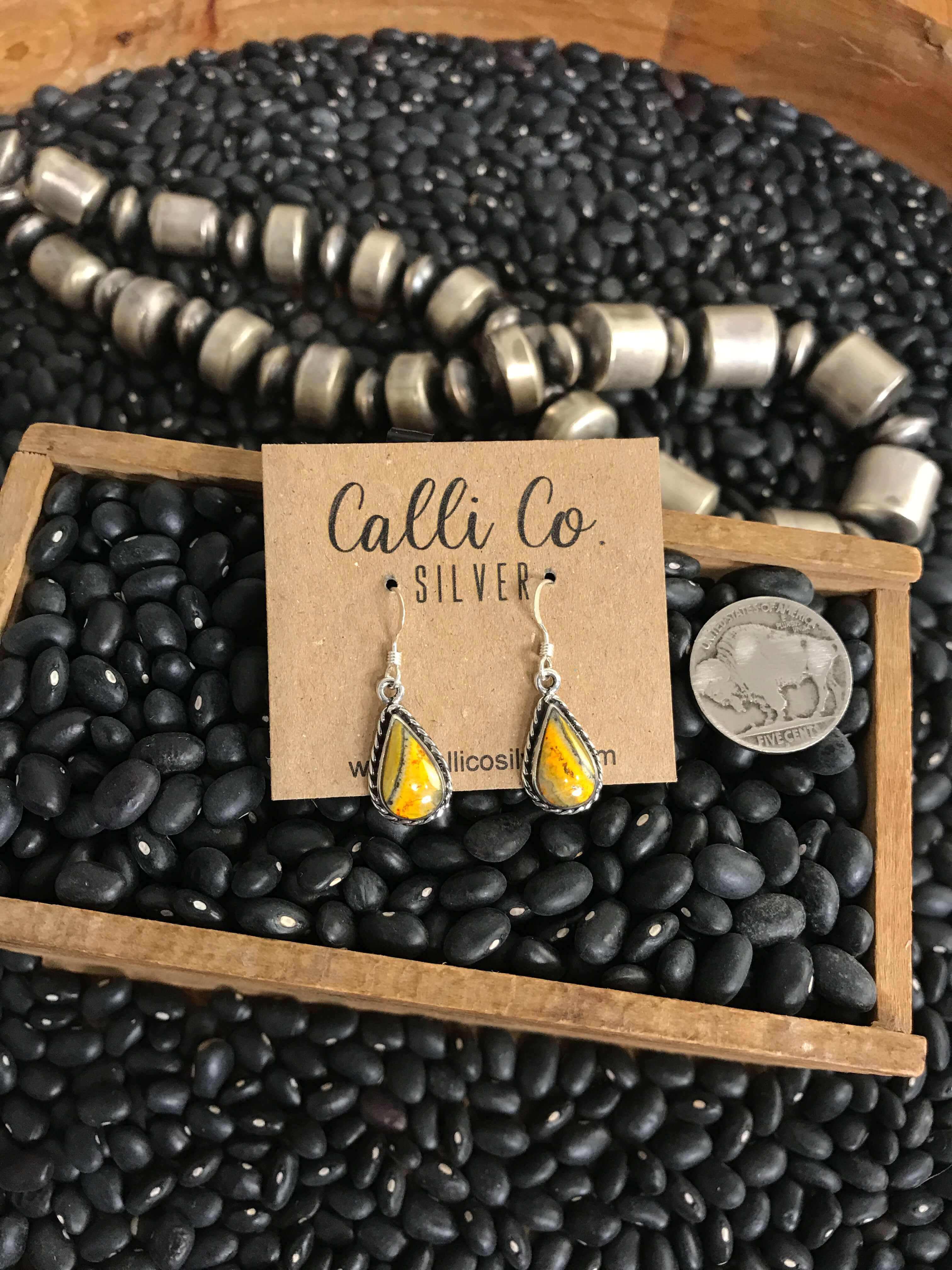 The Bumblebee Dangles, 25-Earrings-Calli Co., Turquoise and Silver Jewelry, Native American Handmade, Zuni Tribe, Navajo Tribe, Brock Texas