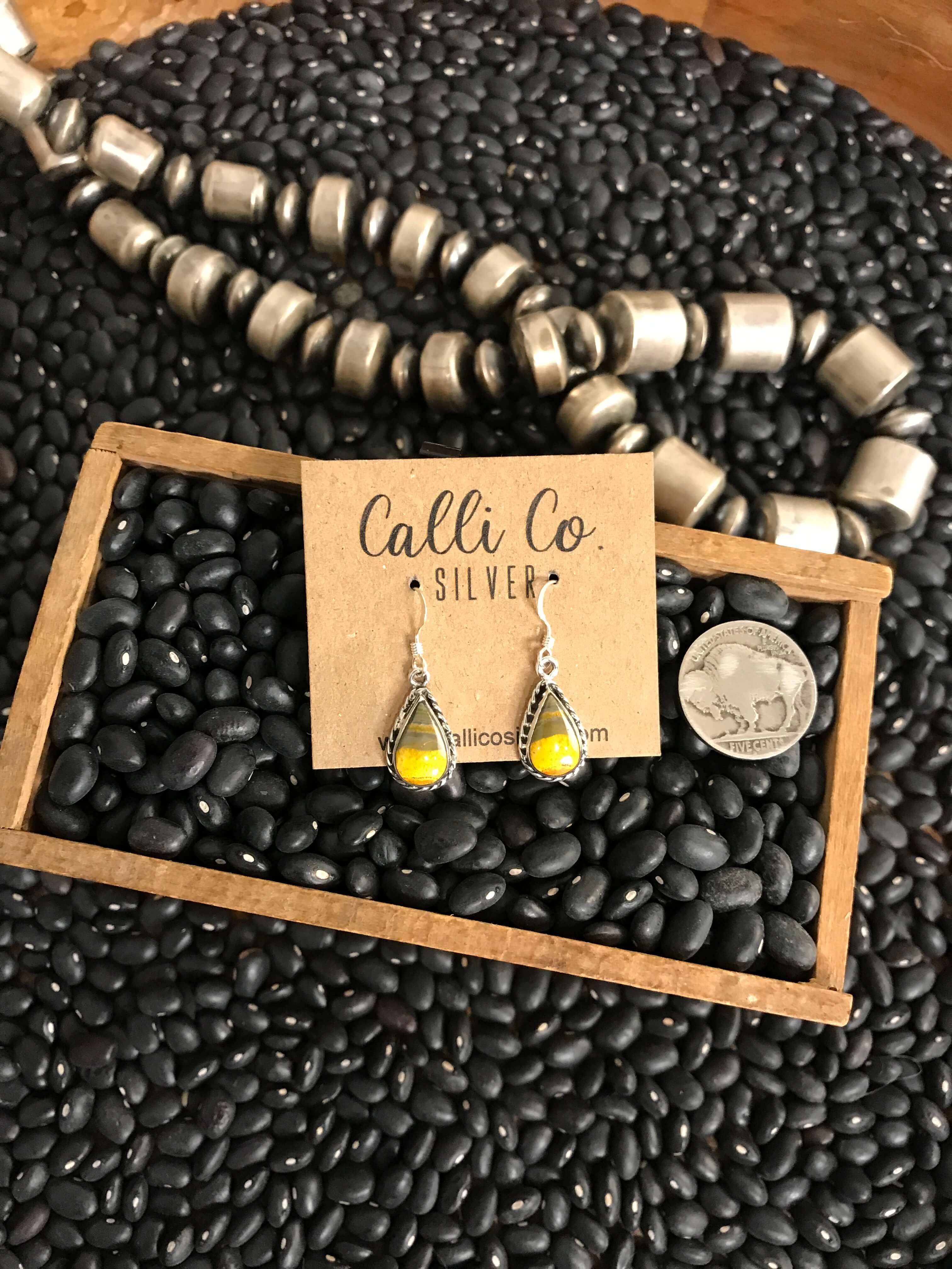 The Bumblebee Dangles, 26-Earrings-Calli Co., Turquoise and Silver Jewelry, Native American Handmade, Zuni Tribe, Navajo Tribe, Brock Texas