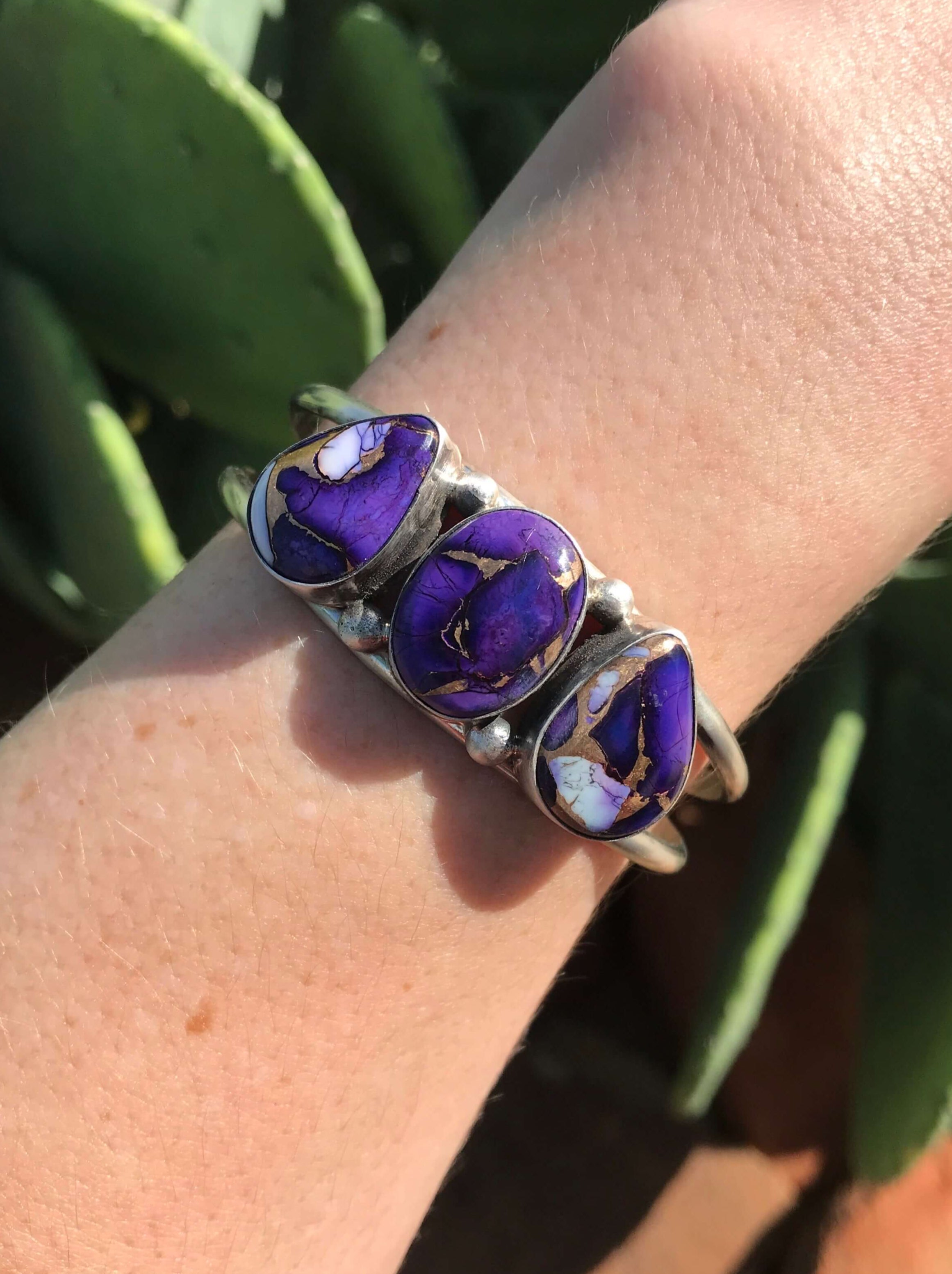 The Triple Stone Purple Dahlia Cuff, 2-Bracelets & Cuffs-Calli Co., Turquoise and Silver Jewelry, Native American Handmade, Zuni Tribe, Navajo Tribe, Brock Texas