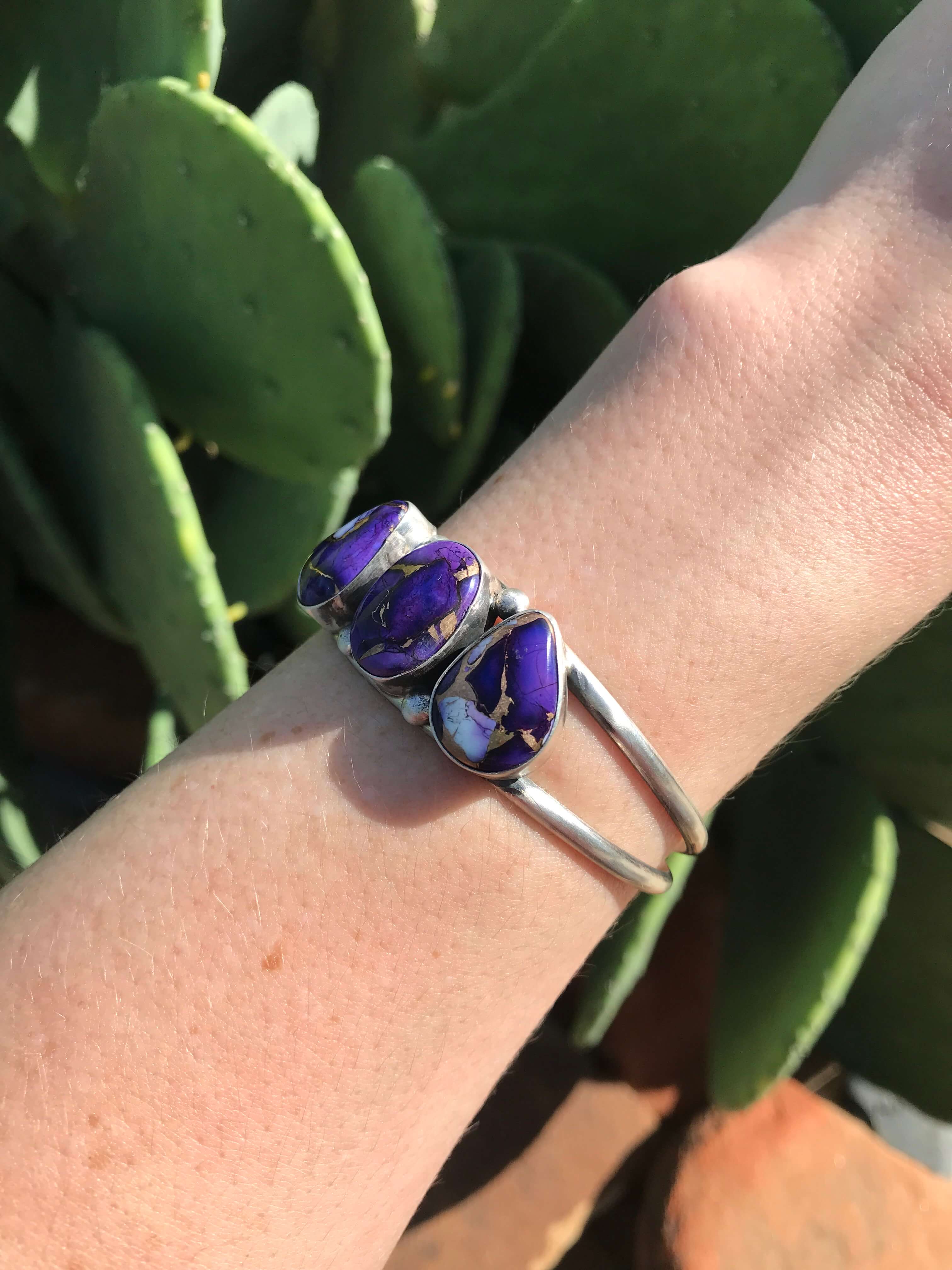 The Triple Stone Purple Dahlia Cuff, 2-Bracelets & Cuffs-Calli Co., Turquoise and Silver Jewelry, Native American Handmade, Zuni Tribe, Navajo Tribe, Brock Texas