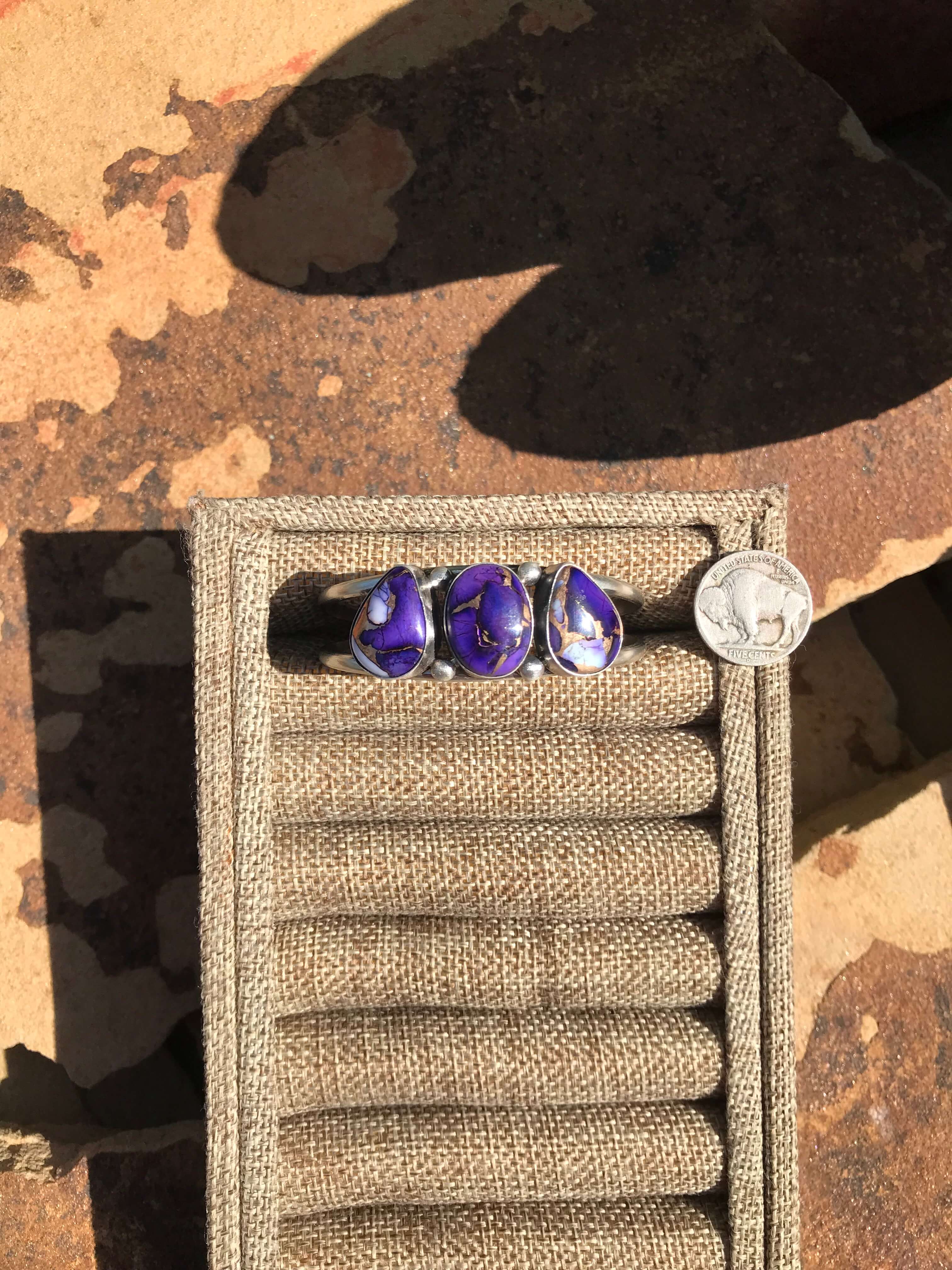 The Triple Stone Purple Dahlia Cuff, 2-Bracelets & Cuffs-Calli Co., Turquoise and Silver Jewelry, Native American Handmade, Zuni Tribe, Navajo Tribe, Brock Texas