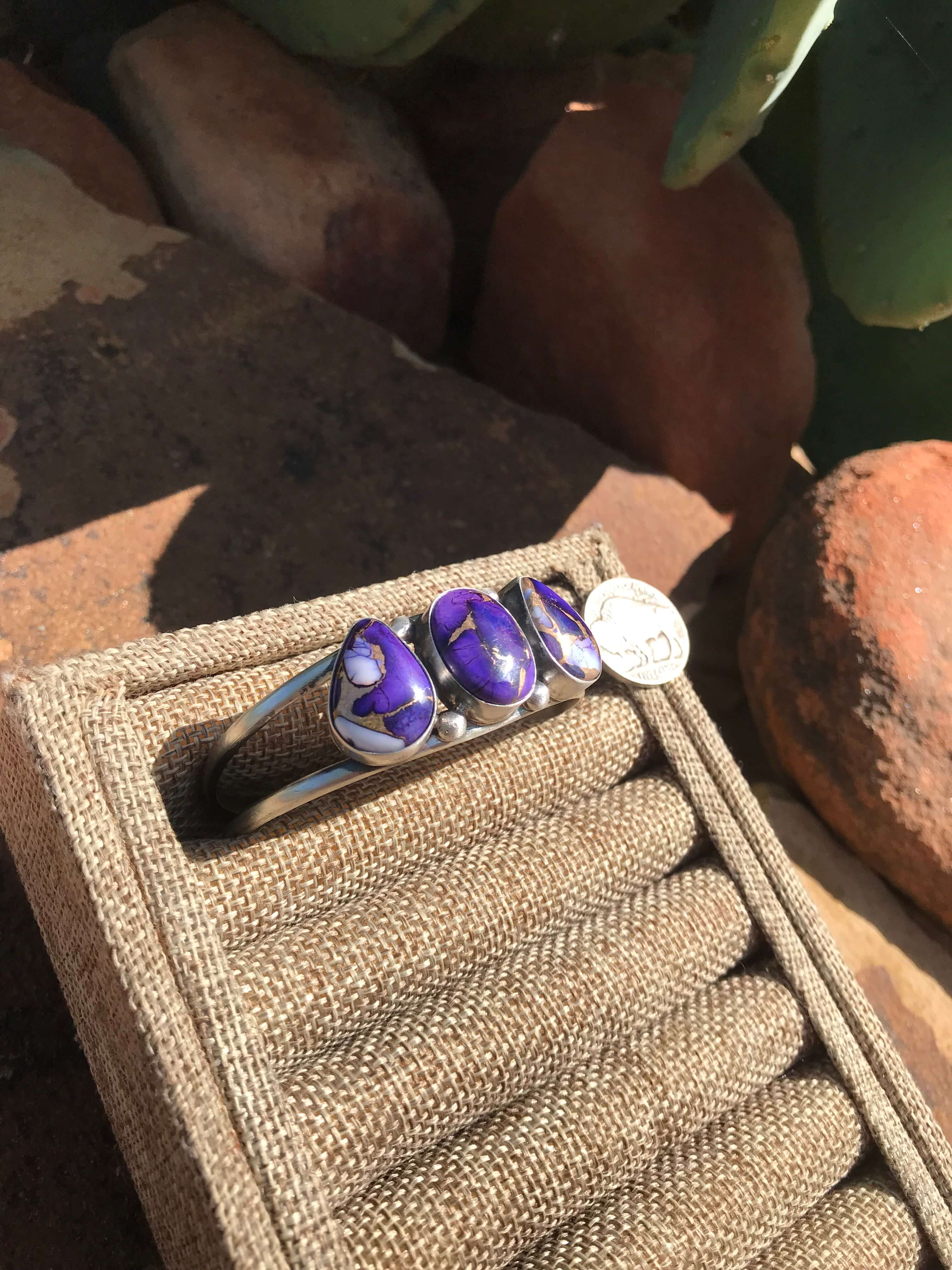 The Triple Stone Purple Dahlia Cuff, 2-Bracelets & Cuffs-Calli Co., Turquoise and Silver Jewelry, Native American Handmade, Zuni Tribe, Navajo Tribe, Brock Texas