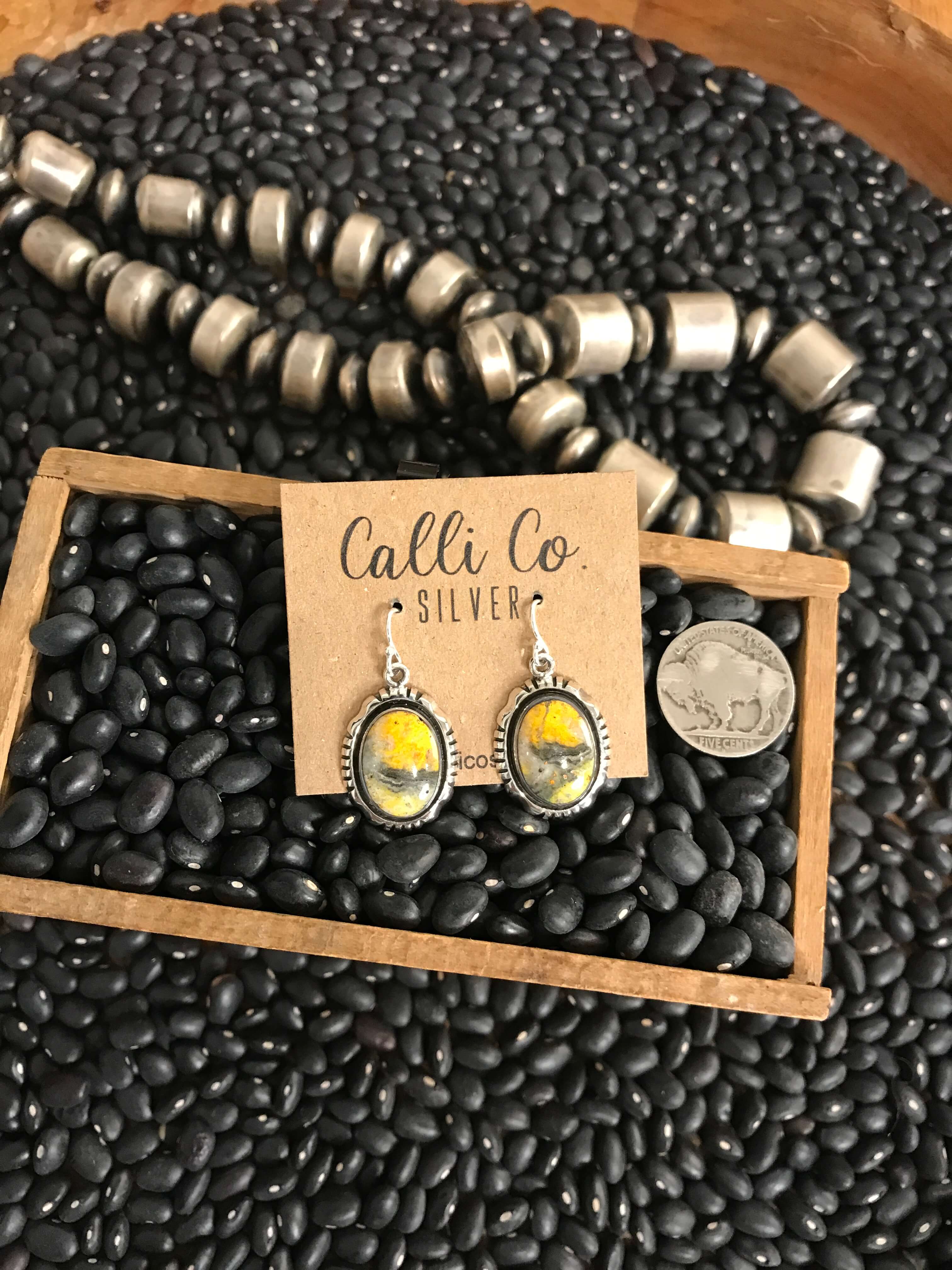 The Bumblebee Dangles, 30-Earrings-Calli Co., Turquoise and Silver Jewelry, Native American Handmade, Zuni Tribe, Navajo Tribe, Brock Texas