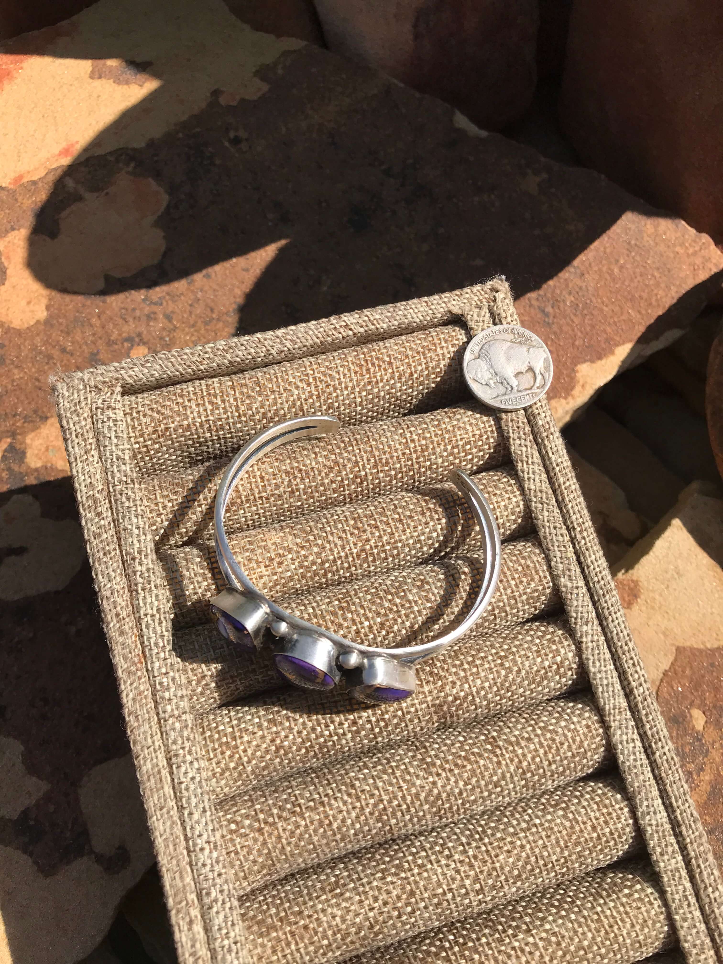 The Triple Stone Purple Dahlia Cuff, 2-Bracelets & Cuffs-Calli Co., Turquoise and Silver Jewelry, Native American Handmade, Zuni Tribe, Navajo Tribe, Brock Texas