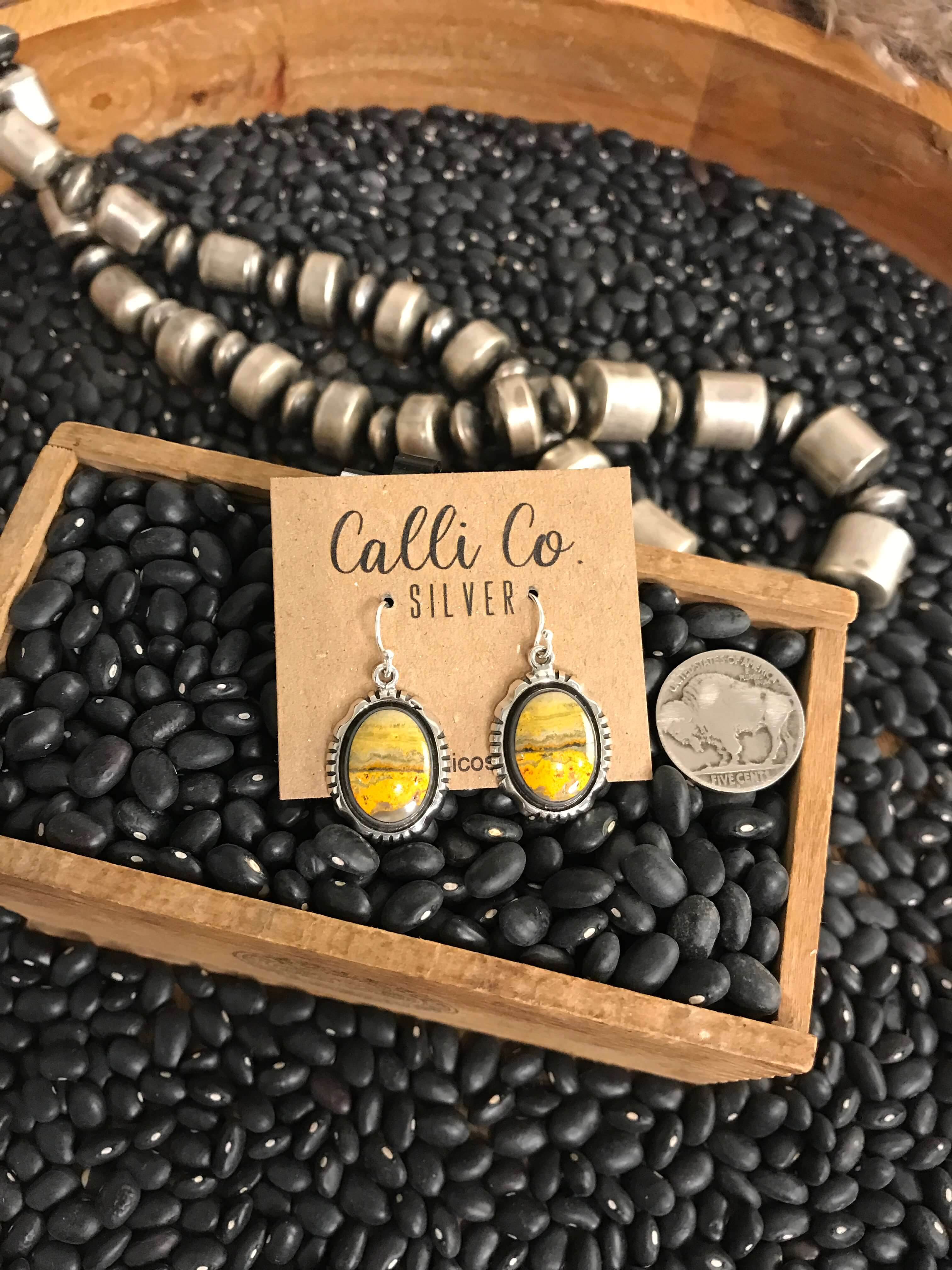 The Bumblebee Dangles, 31-Earrings-Calli Co., Turquoise and Silver Jewelry, Native American Handmade, Zuni Tribe, Navajo Tribe, Brock Texas