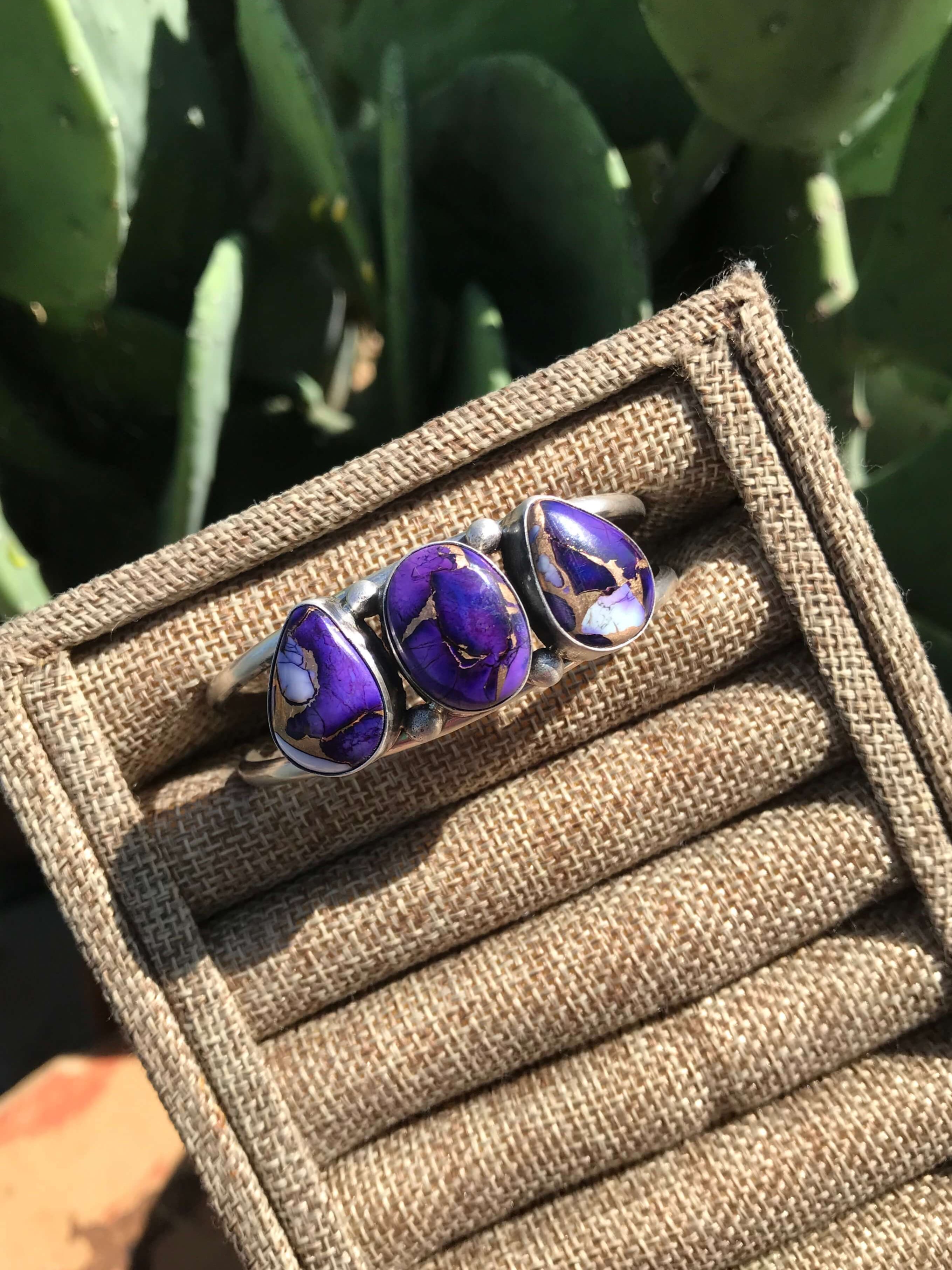 The Triple Stone Purple Dahlia Cuff, 2-Bracelets & Cuffs-Calli Co., Turquoise and Silver Jewelry, Native American Handmade, Zuni Tribe, Navajo Tribe, Brock Texas