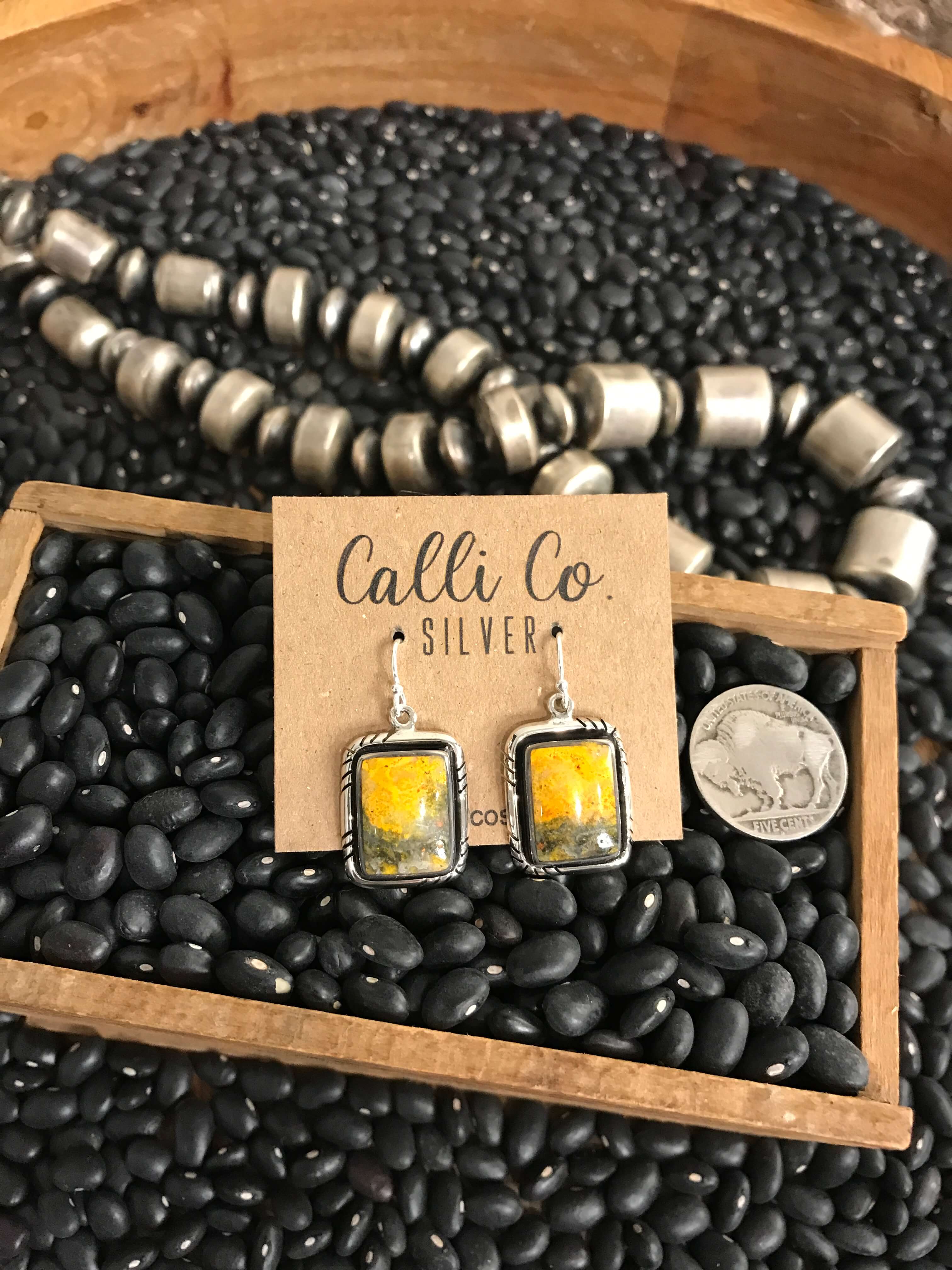 The Bumblebee Dangles, 32-Earrings-Calli Co., Turquoise and Silver Jewelry, Native American Handmade, Zuni Tribe, Navajo Tribe, Brock Texas