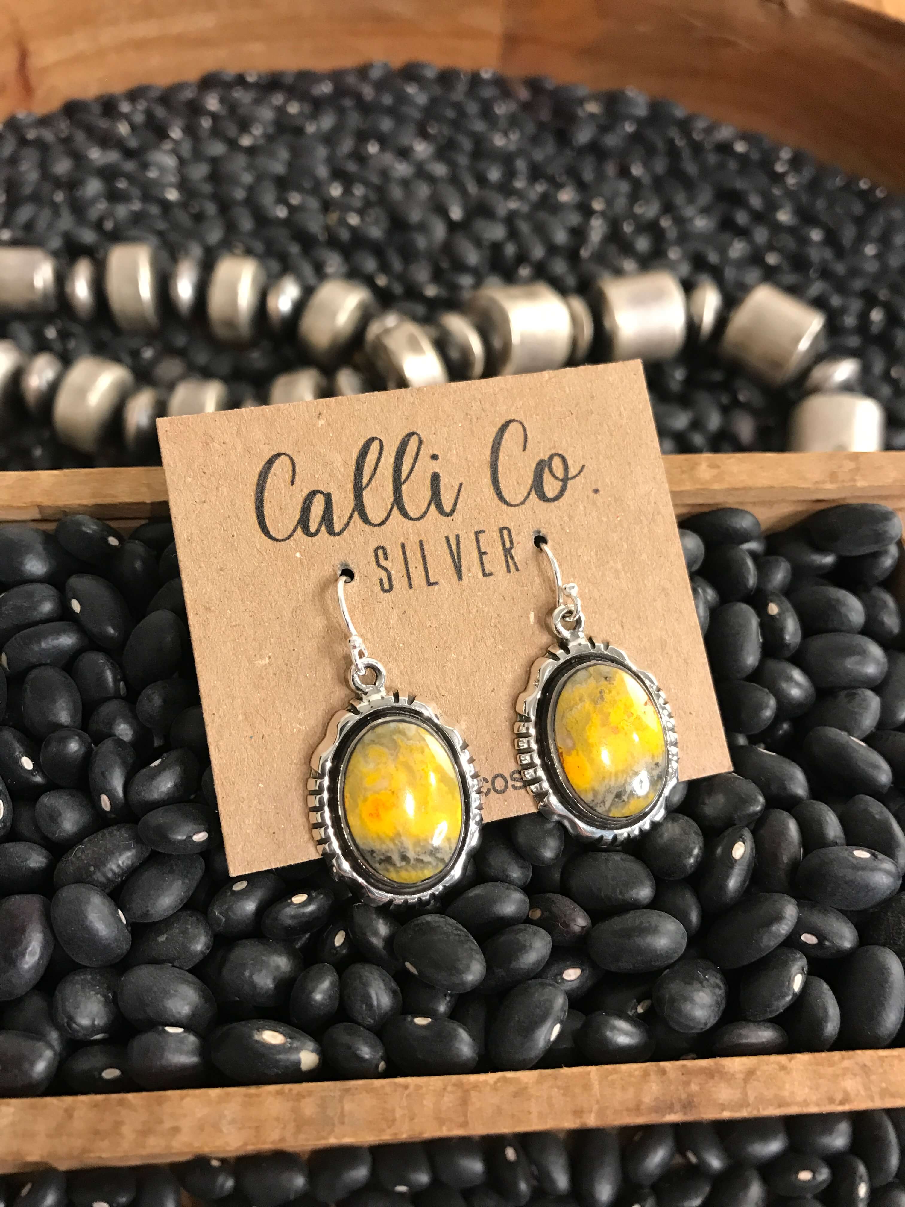 The Bumblebee Dangles, 33-Earrings-Calli Co., Turquoise and Silver Jewelry, Native American Handmade, Zuni Tribe, Navajo Tribe, Brock Texas