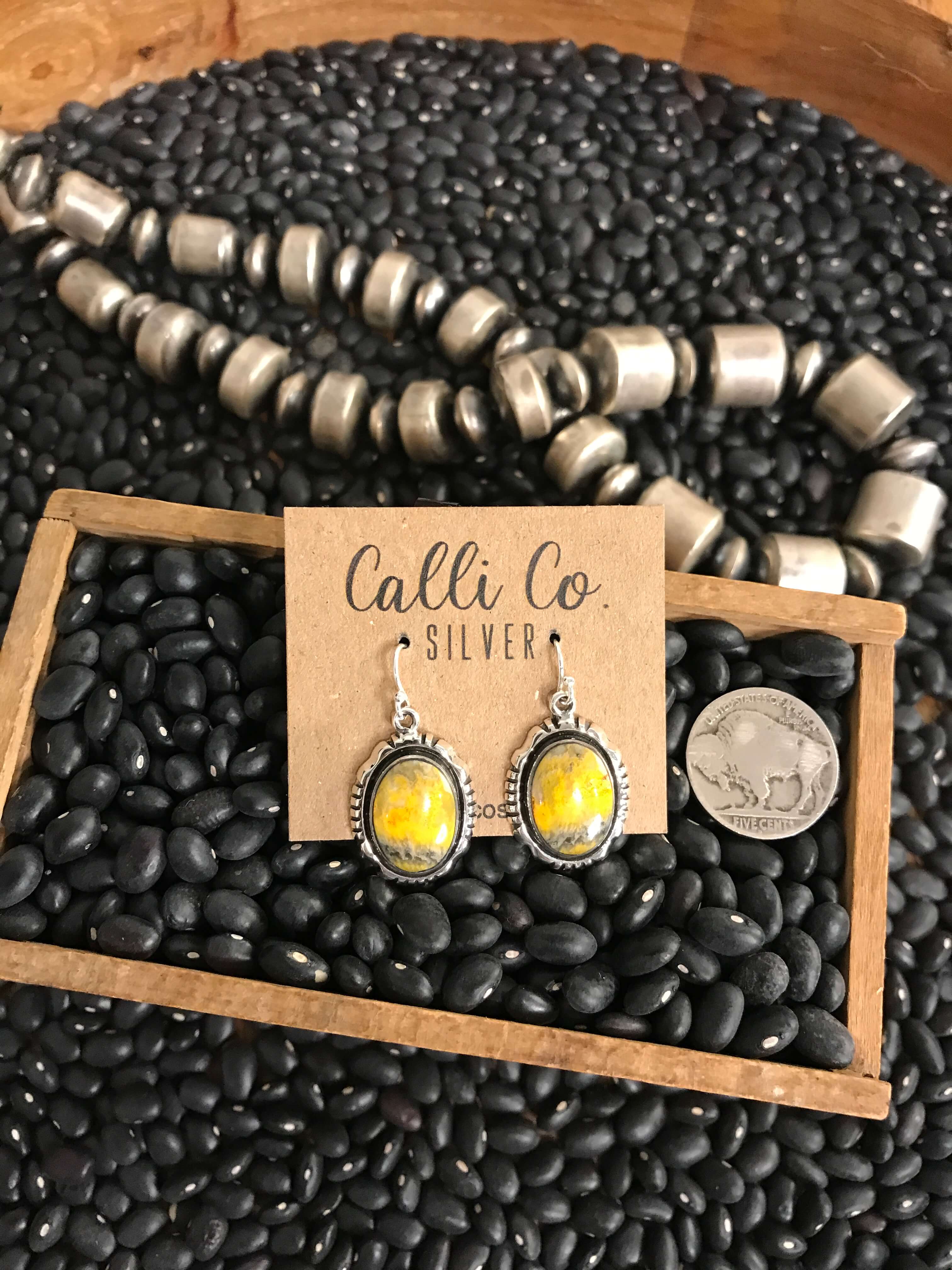 The Bumblebee Dangles, 33-Earrings-Calli Co., Turquoise and Silver Jewelry, Native American Handmade, Zuni Tribe, Navajo Tribe, Brock Texas