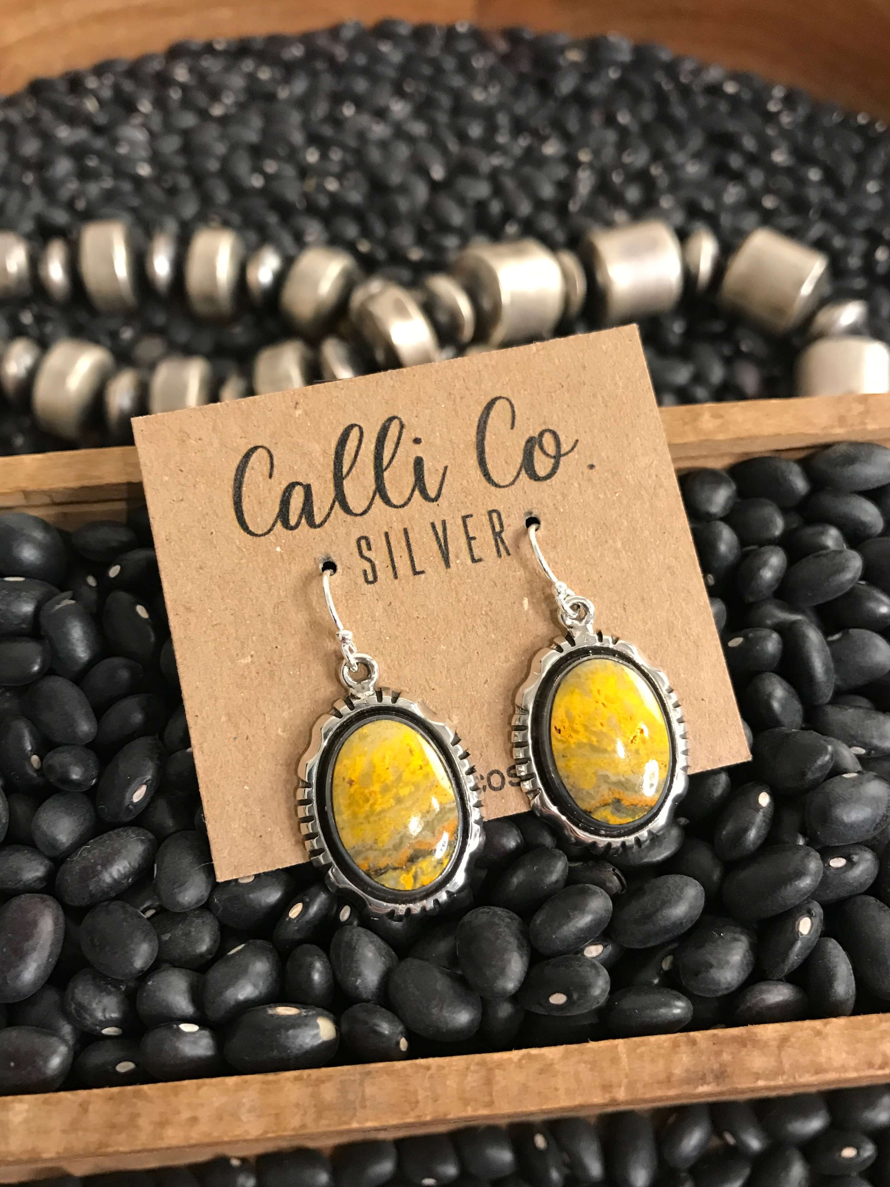 The Bumblebee Dangles, 35-Earrings-Calli Co., Turquoise and Silver Jewelry, Native American Handmade, Zuni Tribe, Navajo Tribe, Brock Texas