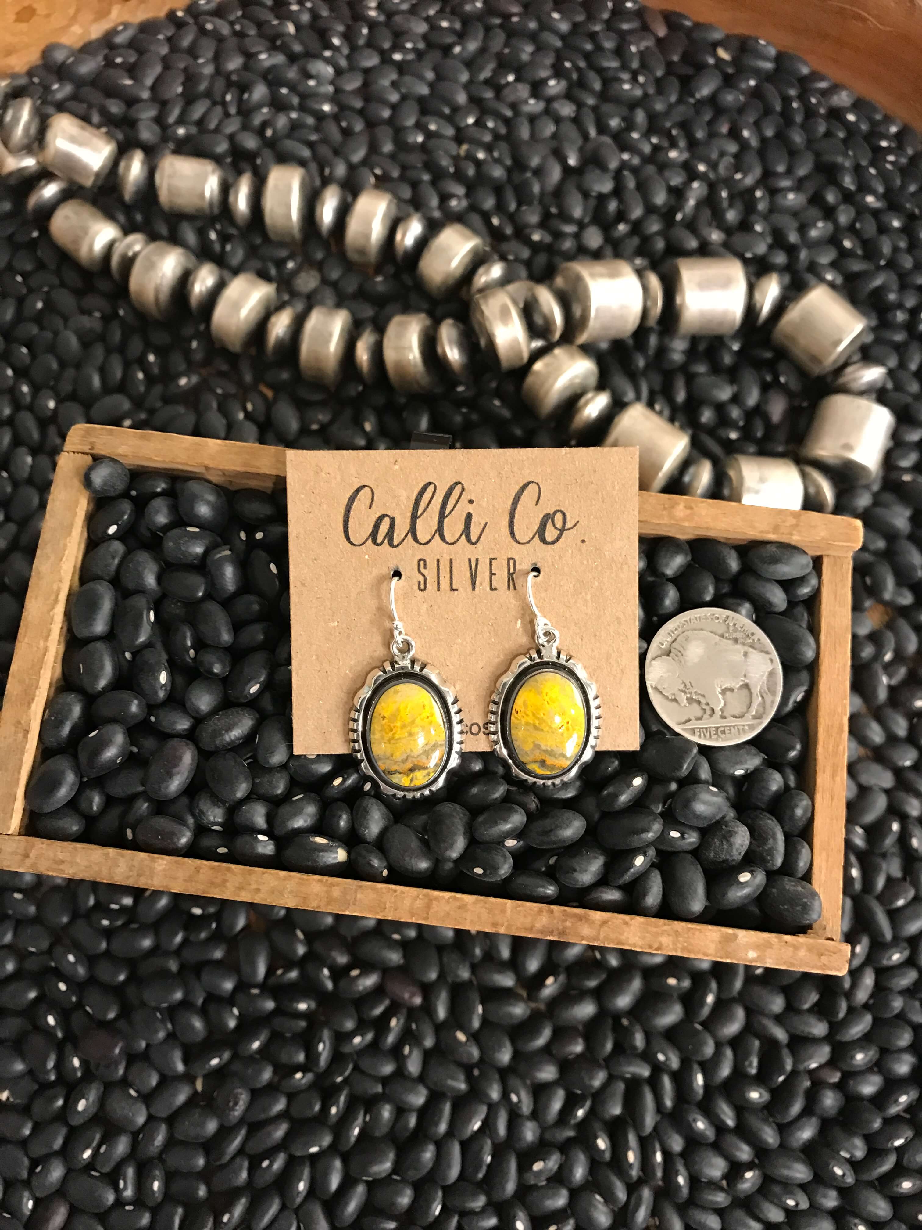 The Bumblebee Dangles, 35-Earrings-Calli Co., Turquoise and Silver Jewelry, Native American Handmade, Zuni Tribe, Navajo Tribe, Brock Texas