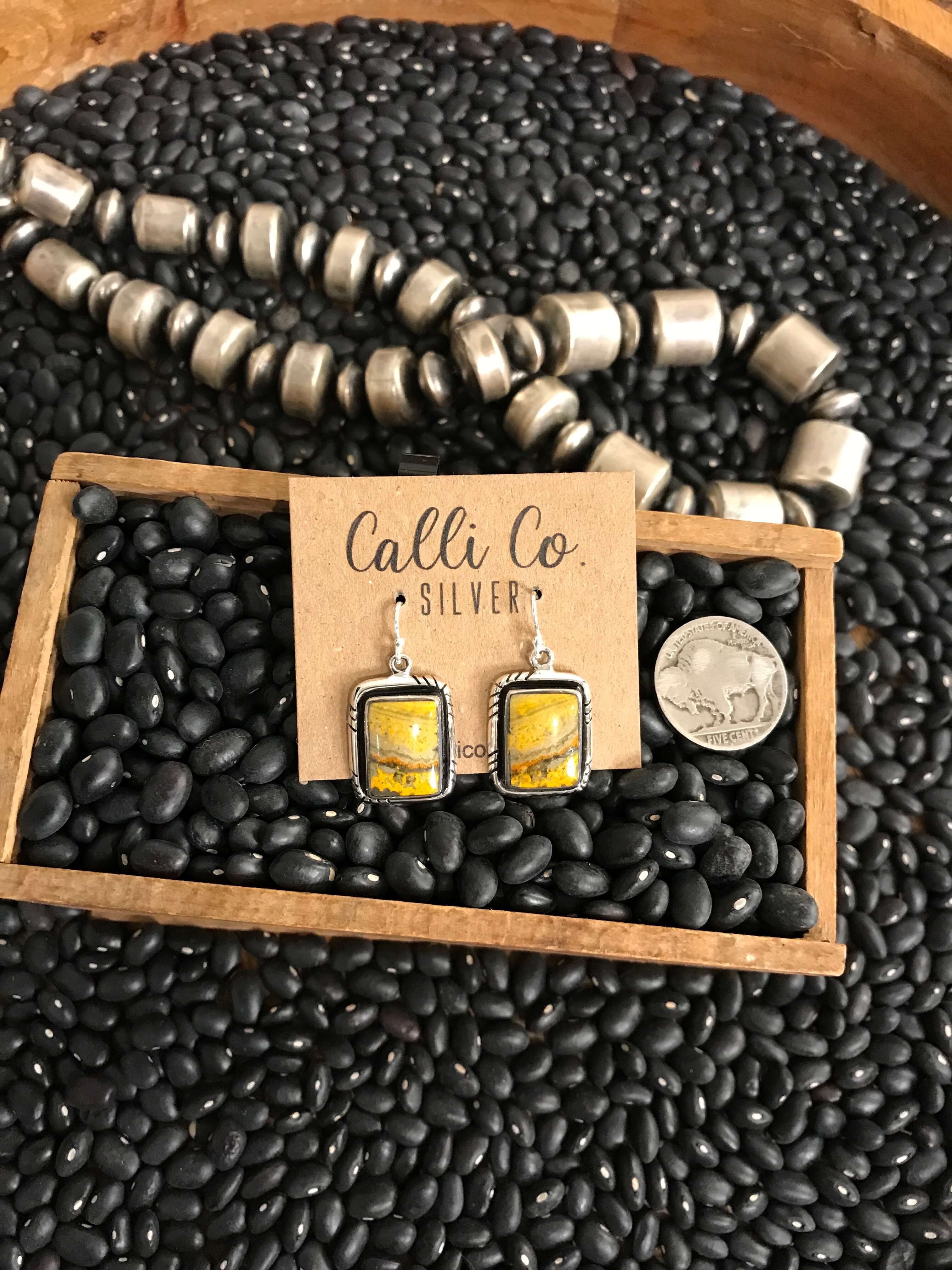 The Bumblebee Dangles, 36-Earrings-Calli Co., Turquoise and Silver Jewelry, Native American Handmade, Zuni Tribe, Navajo Tribe, Brock Texas