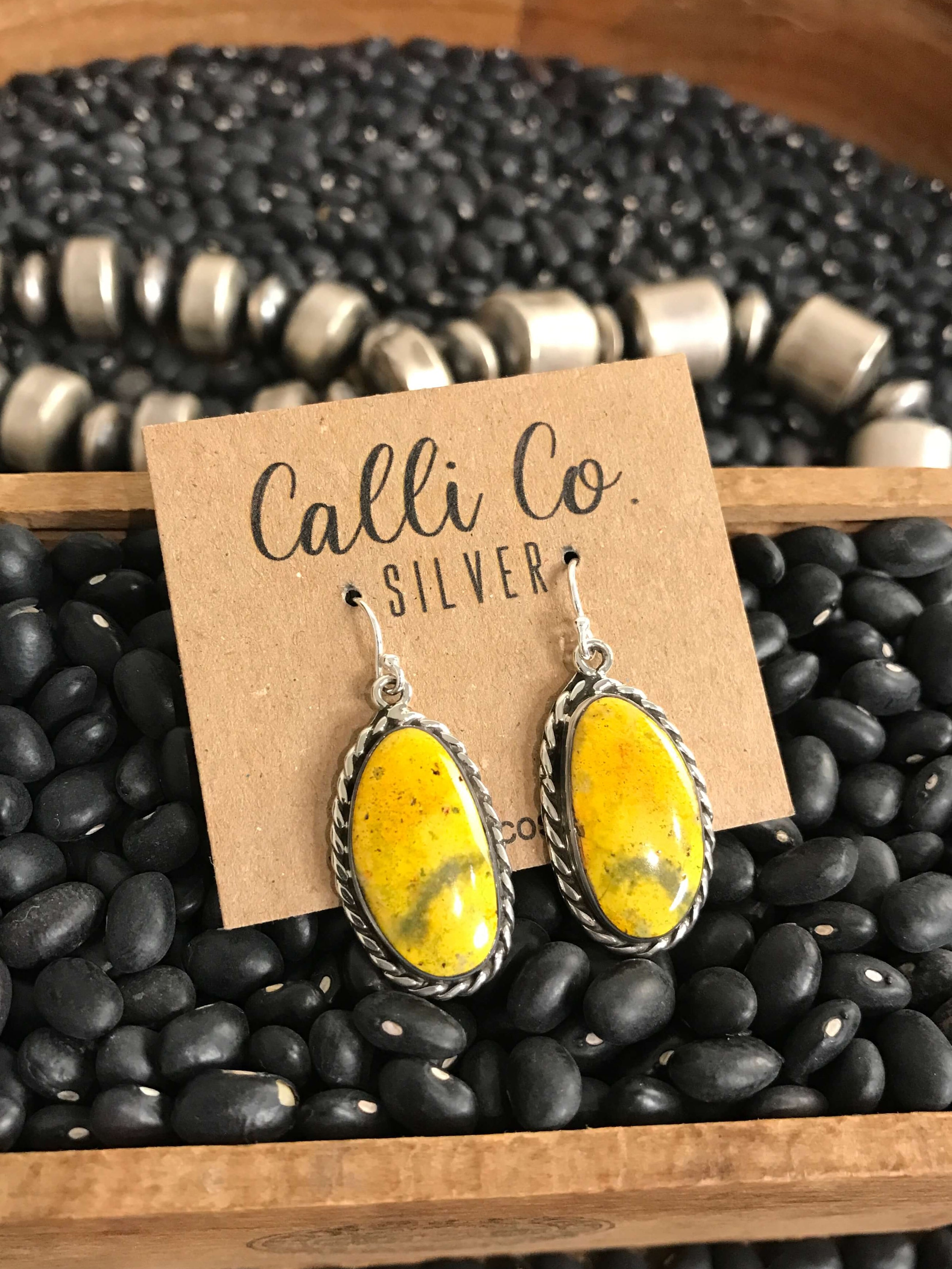 The Bumblebee Dangles, 38-Earrings-Calli Co., Turquoise and Silver Jewelry, Native American Handmade, Zuni Tribe, Navajo Tribe, Brock Texas