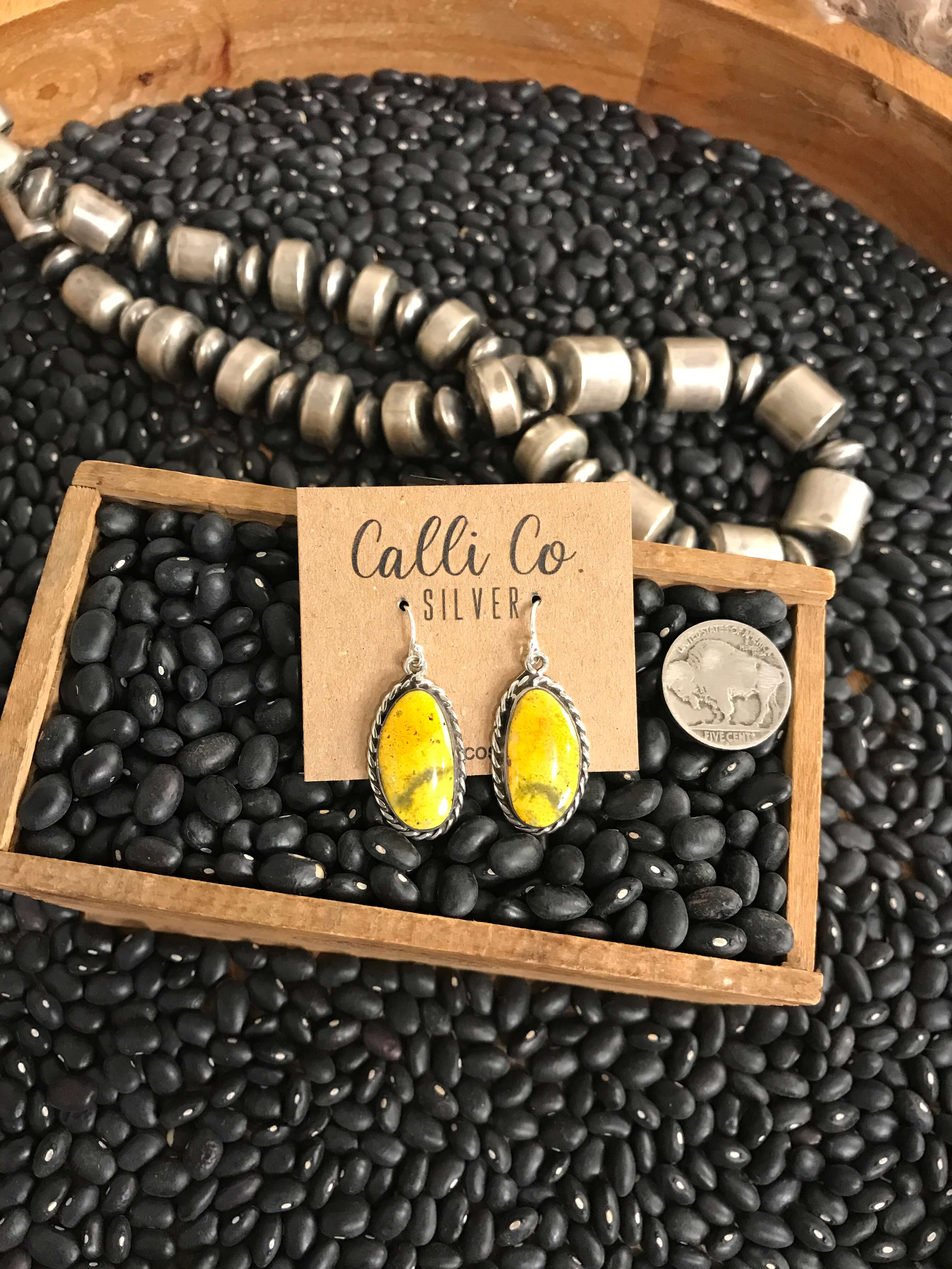 The Bumblebee Dangles, 38-Earrings-Calli Co., Turquoise and Silver Jewelry, Native American Handmade, Zuni Tribe, Navajo Tribe, Brock Texas