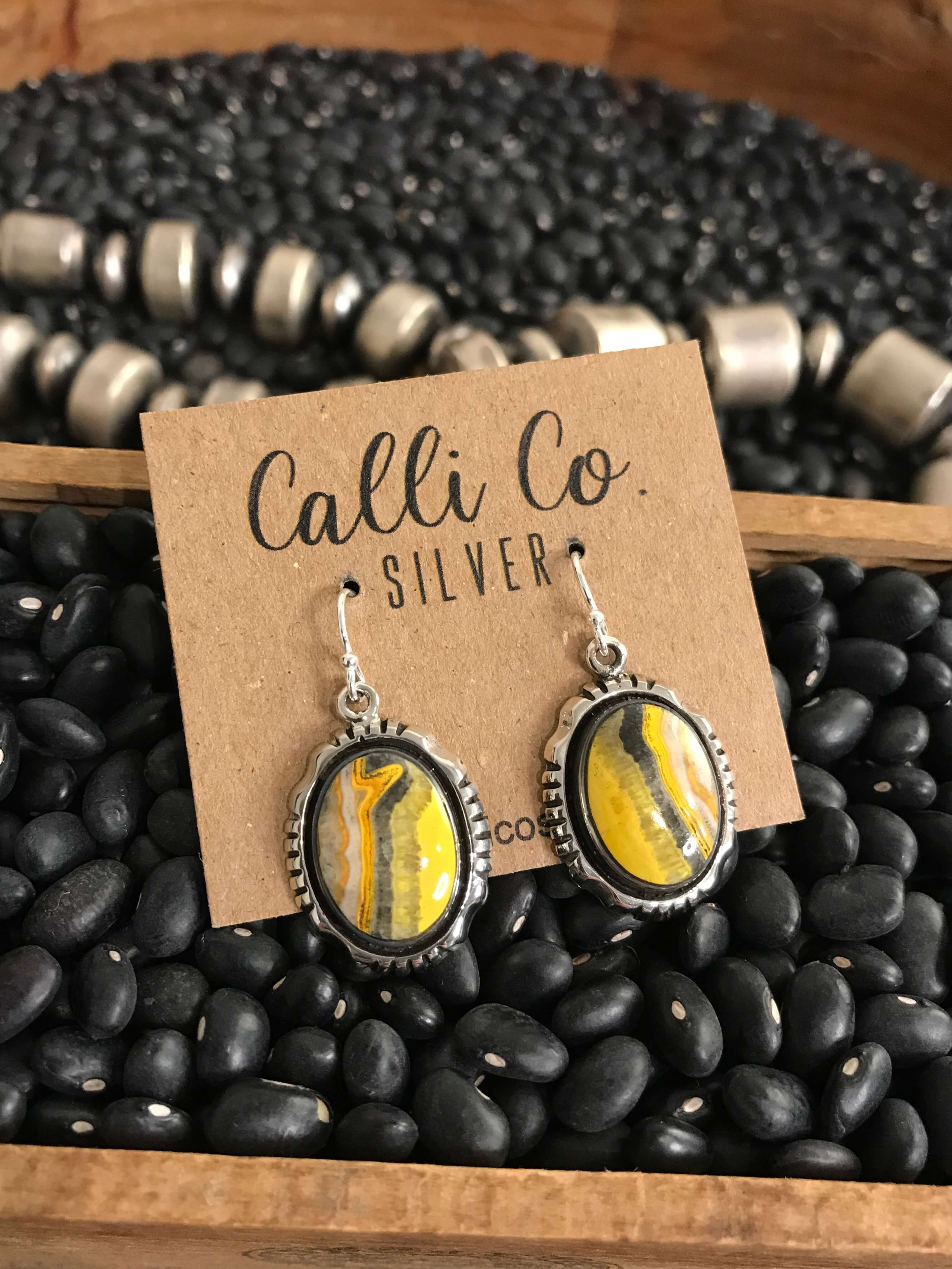 The Bumblebee Dangles, 39-Earrings-Calli Co., Turquoise and Silver Jewelry, Native American Handmade, Zuni Tribe, Navajo Tribe, Brock Texas