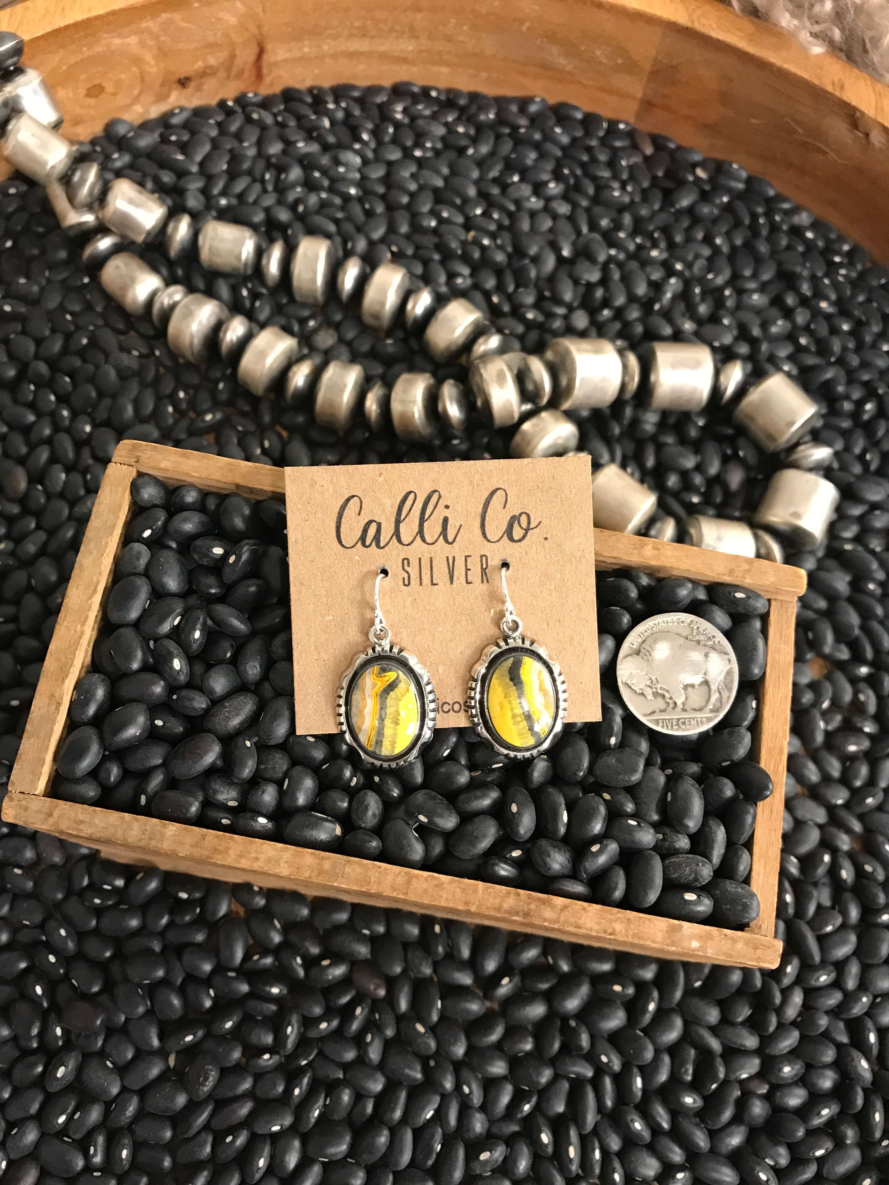 The Bumblebee Dangles, 39-Earrings-Calli Co., Turquoise and Silver Jewelry, Native American Handmade, Zuni Tribe, Navajo Tribe, Brock Texas