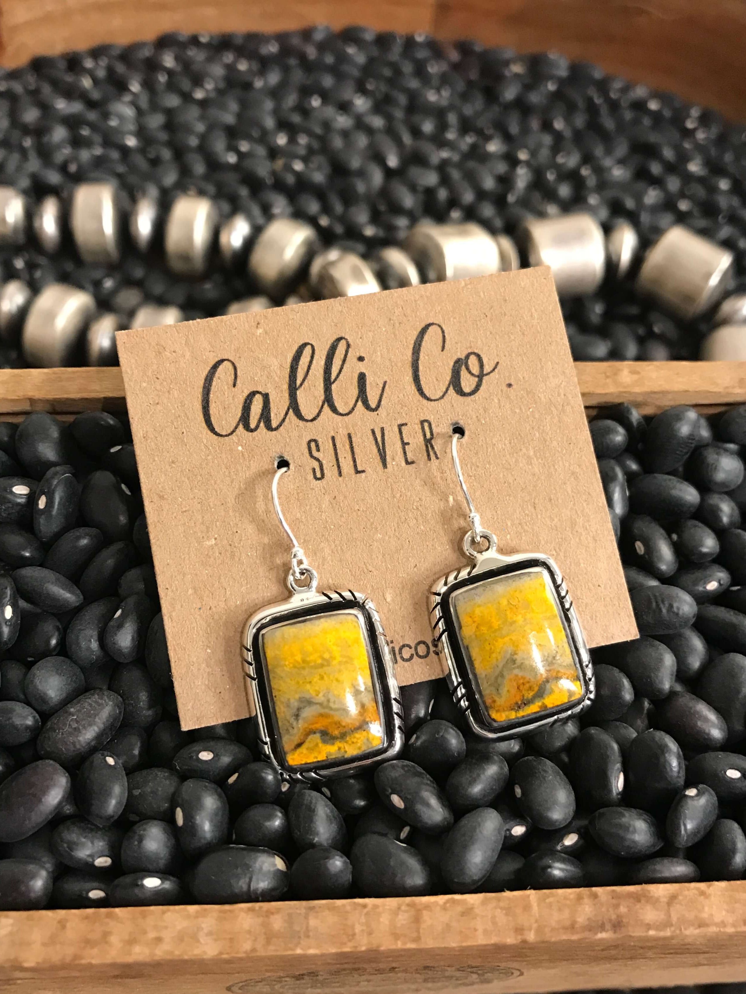 The Bumblebee Dangles, 40-Earrings-Calli Co., Turquoise and Silver Jewelry, Native American Handmade, Zuni Tribe, Navajo Tribe, Brock Texas