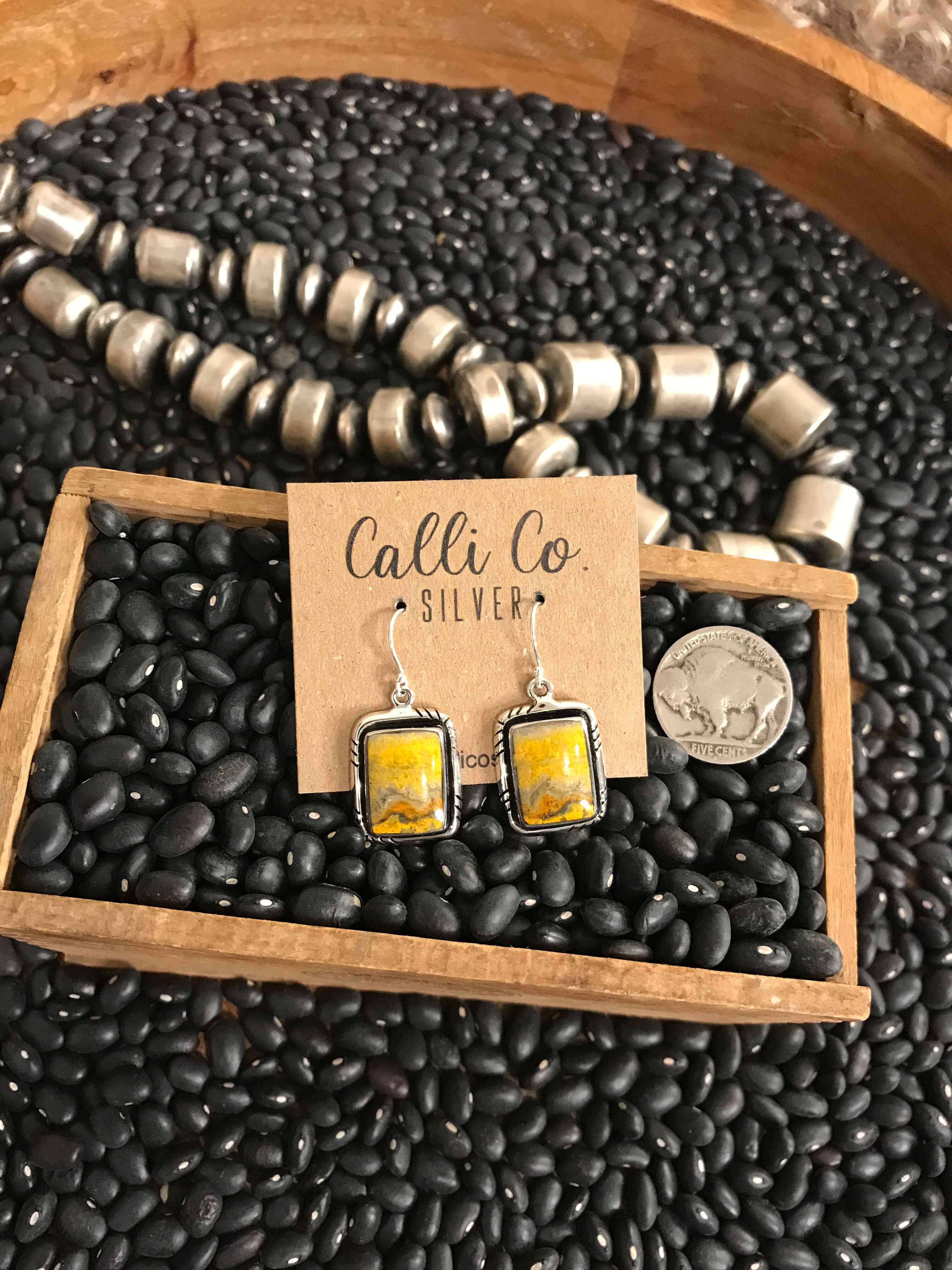 The Bumblebee Dangles, 40-Earrings-Calli Co., Turquoise and Silver Jewelry, Native American Handmade, Zuni Tribe, Navajo Tribe, Brock Texas