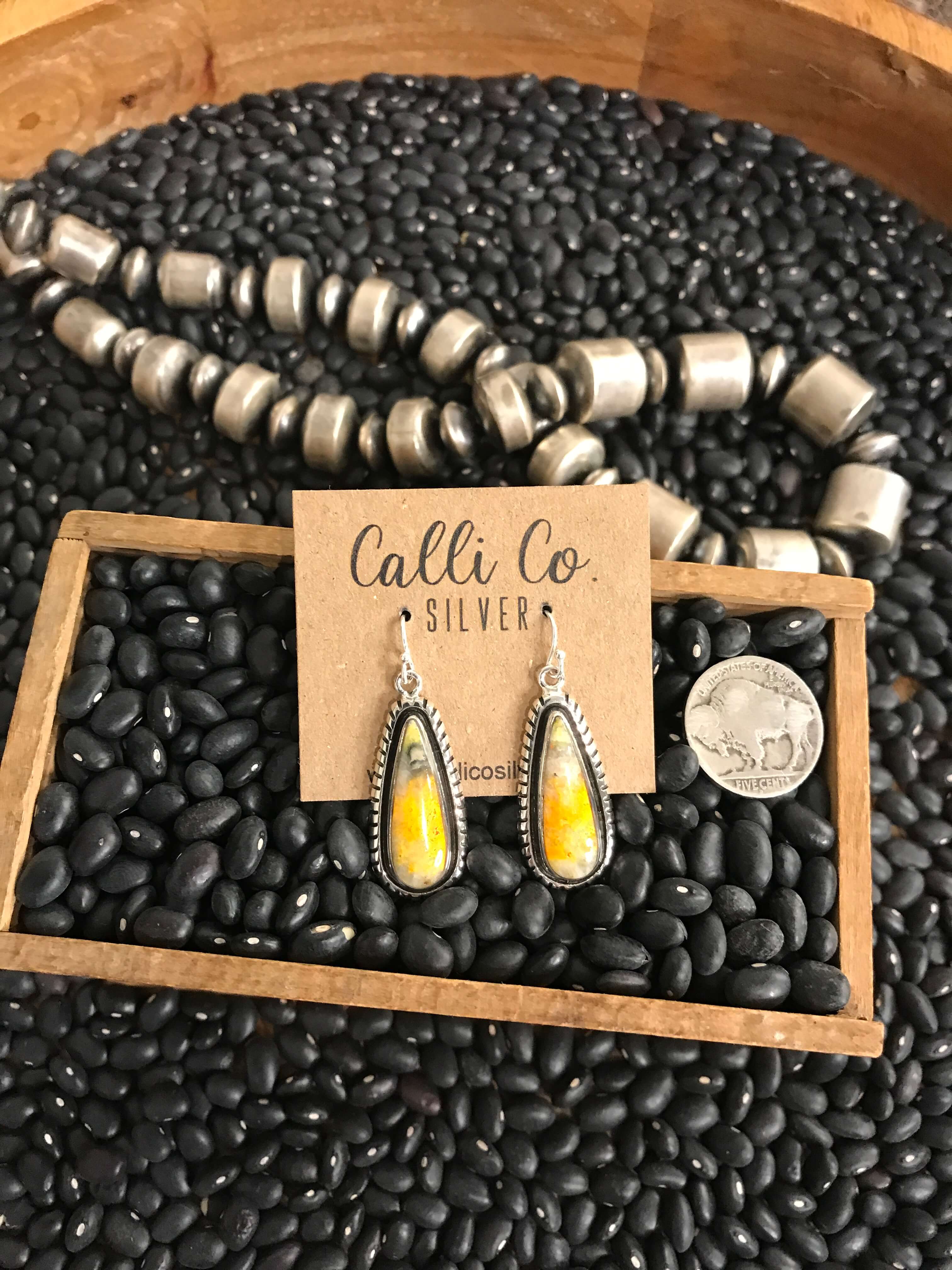 The Bumblebee Dangles, 42-Earrings-Calli Co., Turquoise and Silver Jewelry, Native American Handmade, Zuni Tribe, Navajo Tribe, Brock Texas