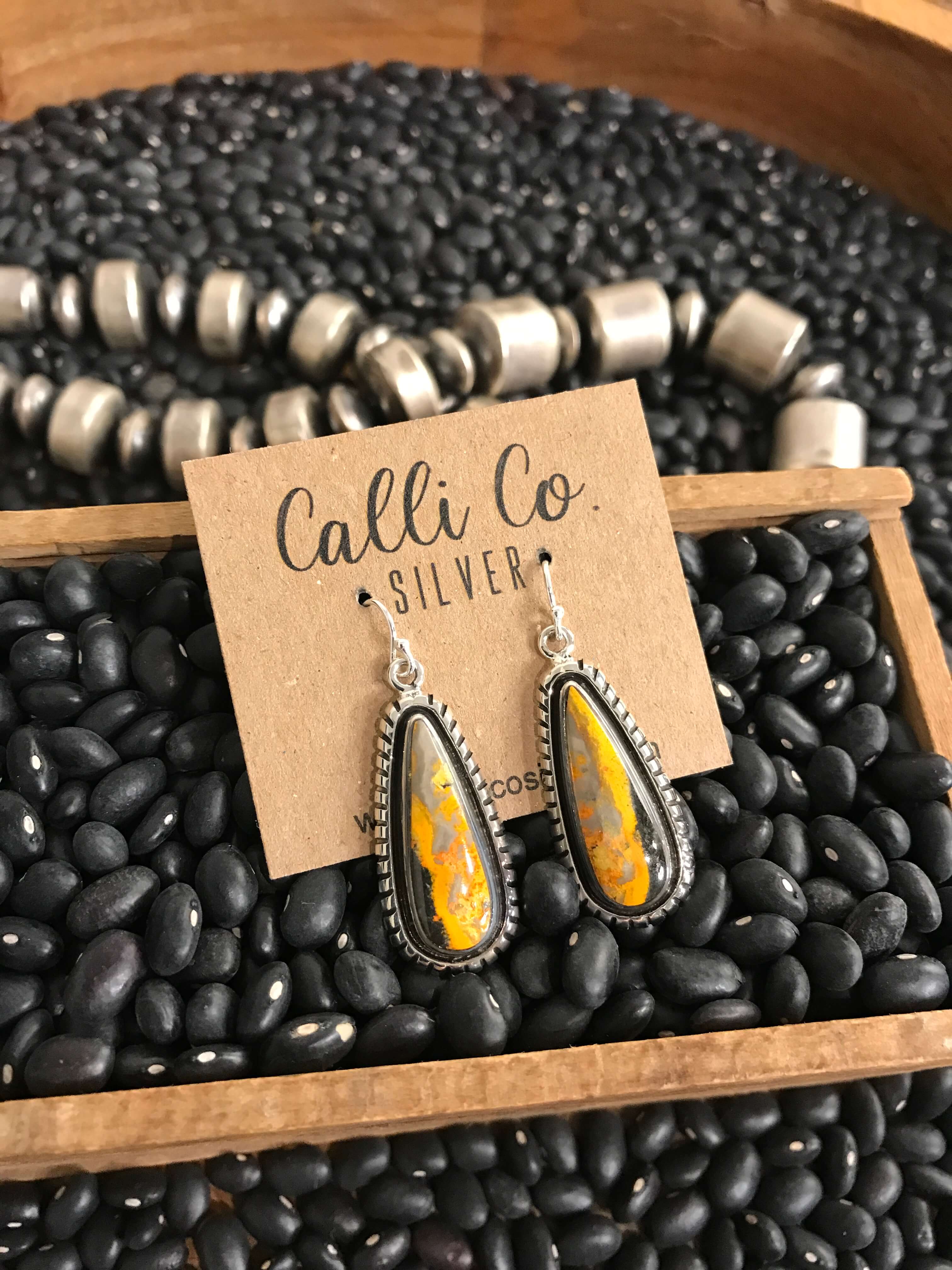 The Bumblebee Dangles, 43-Earrings-Calli Co., Turquoise and Silver Jewelry, Native American Handmade, Zuni Tribe, Navajo Tribe, Brock Texas