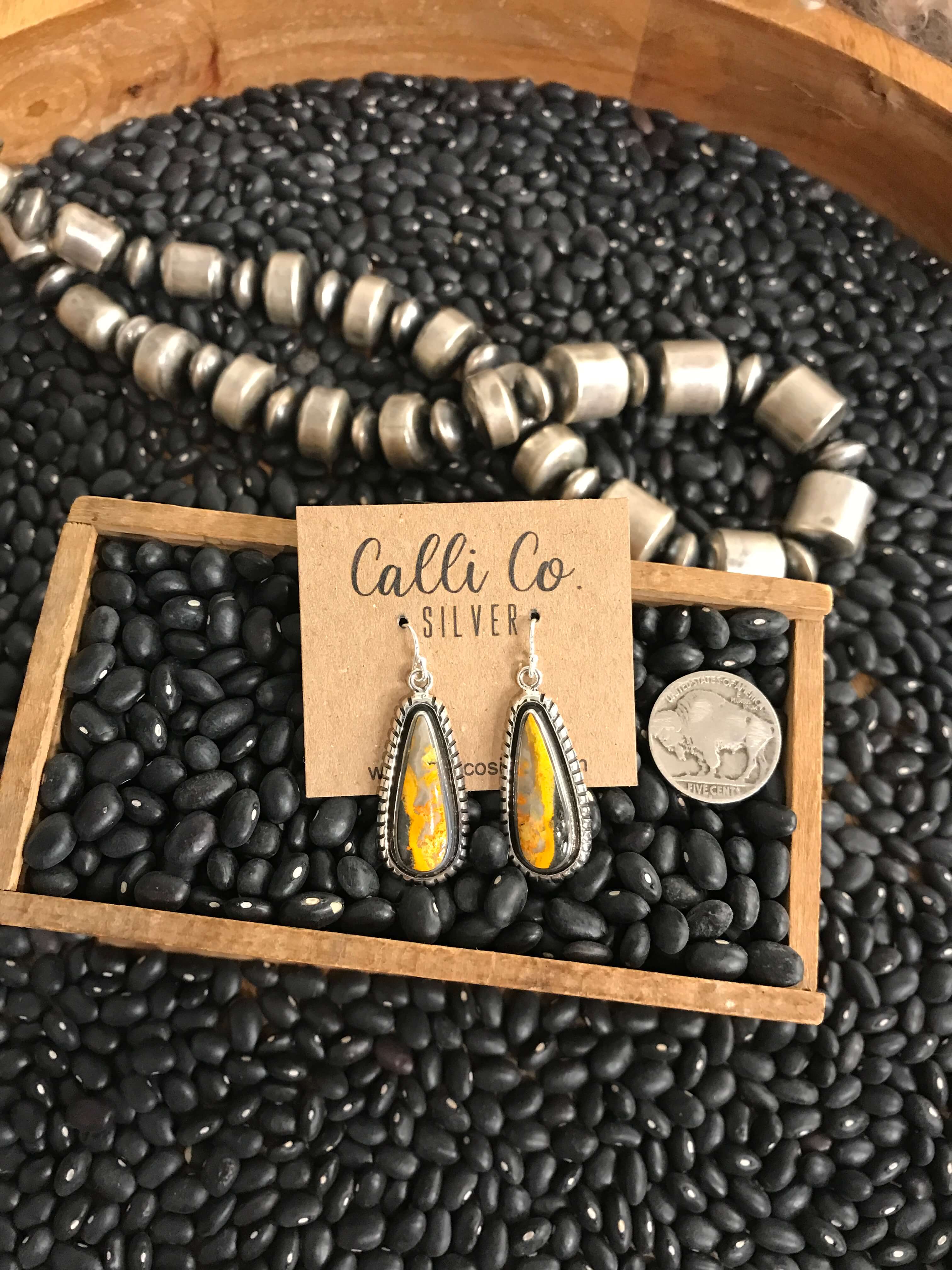 The Bumblebee Dangles, 43-Earrings-Calli Co., Turquoise and Silver Jewelry, Native American Handmade, Zuni Tribe, Navajo Tribe, Brock Texas