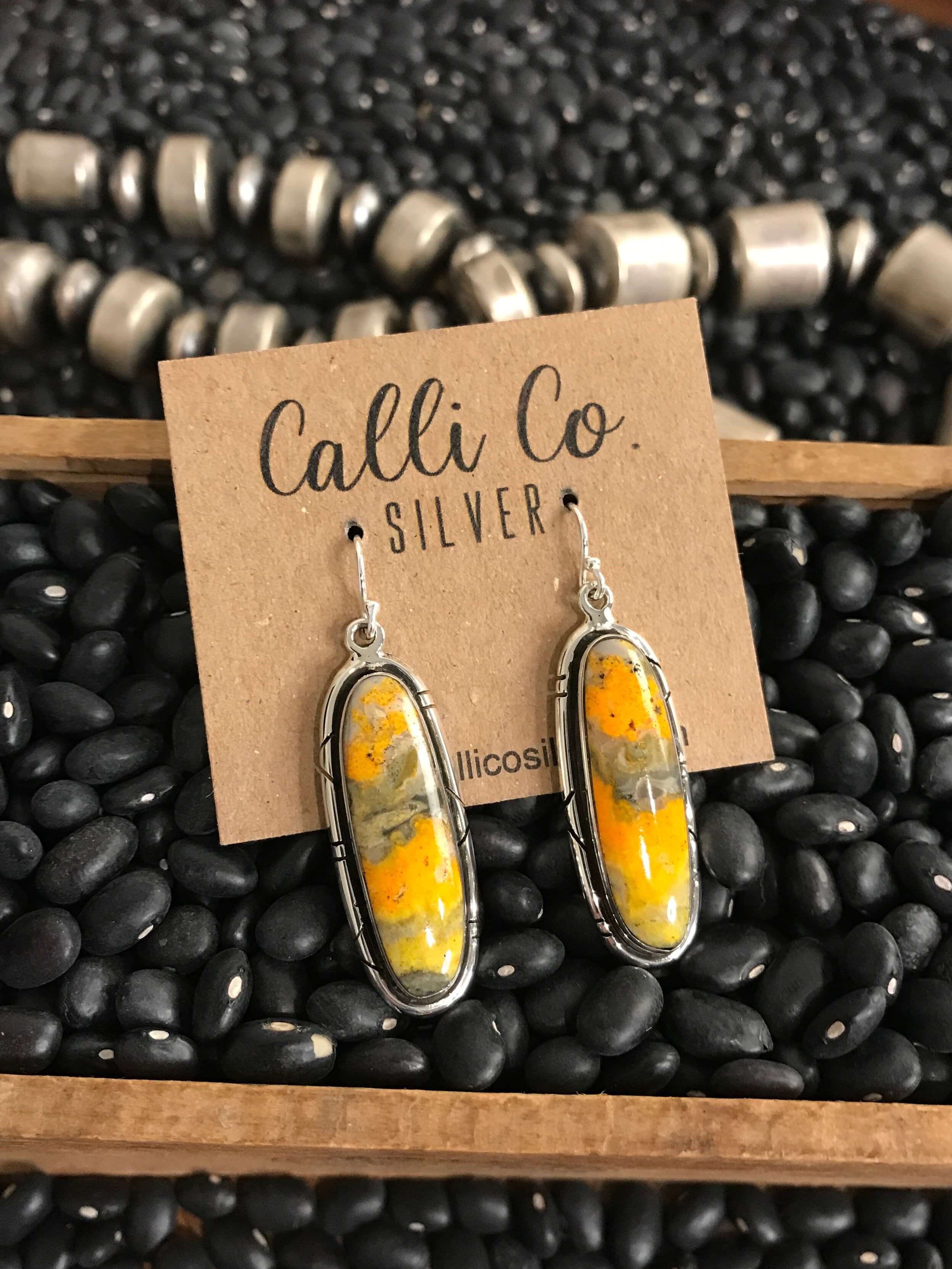 The Bumblebee Dangles, 45-Earrings-Calli Co., Turquoise and Silver Jewelry, Native American Handmade, Zuni Tribe, Navajo Tribe, Brock Texas