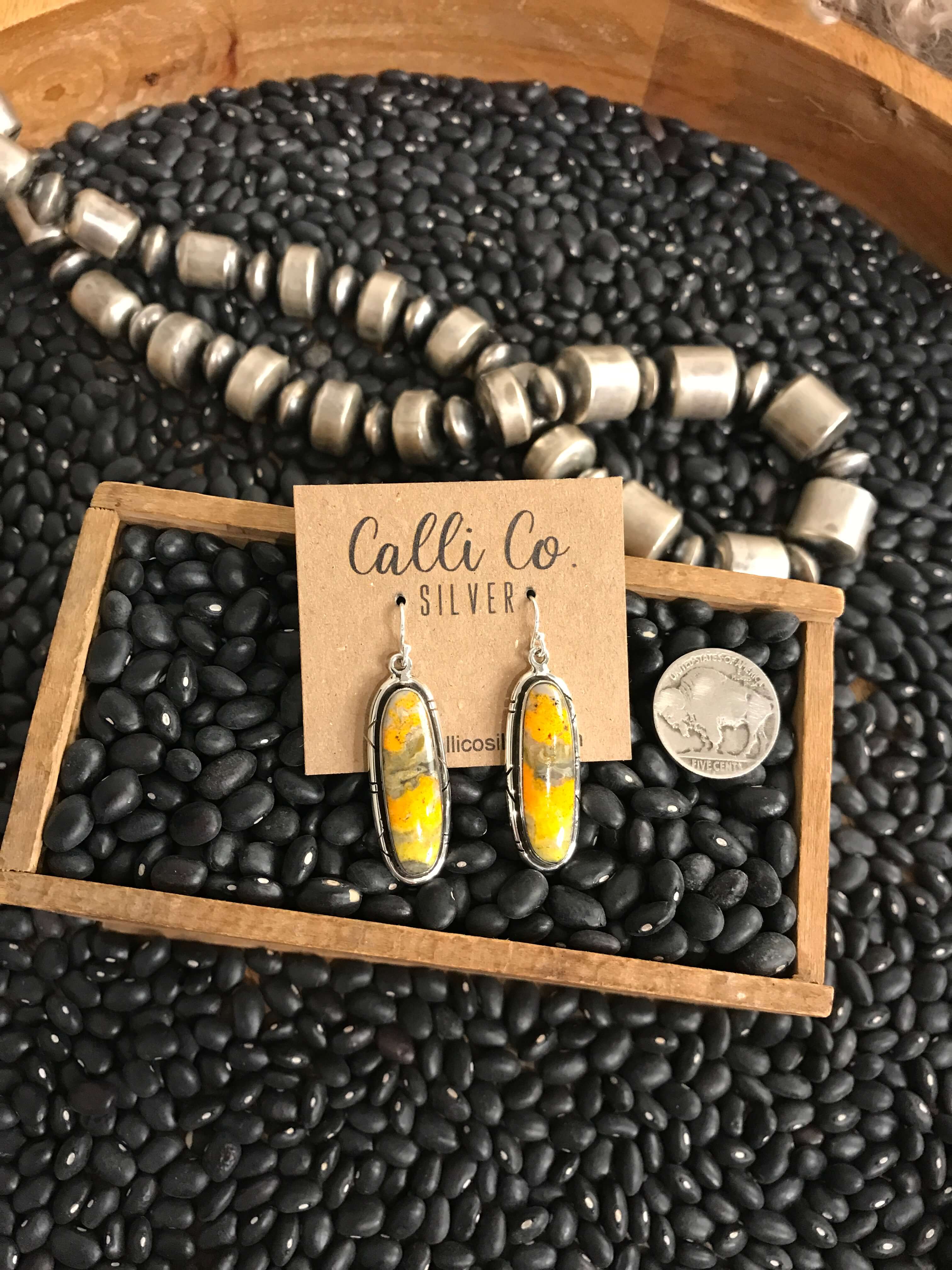 The Bumblebee Dangles, 45-Earrings-Calli Co., Turquoise and Silver Jewelry, Native American Handmade, Zuni Tribe, Navajo Tribe, Brock Texas