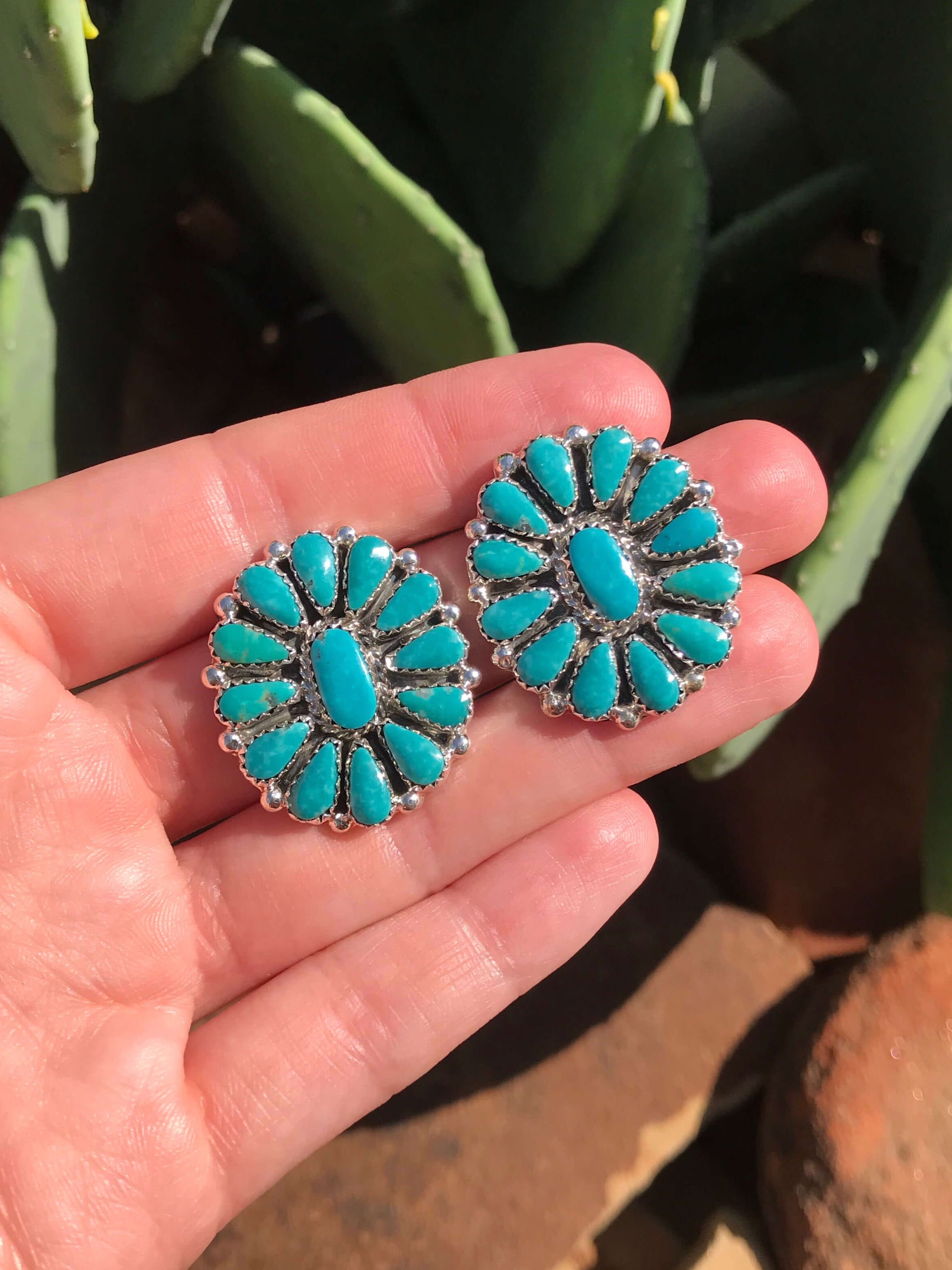 The Western Skies Cluster Earrings, 9-Earrings-Calli Co., Turquoise and Silver Jewelry, Native American Handmade, Zuni Tribe, Navajo Tribe, Brock Texas