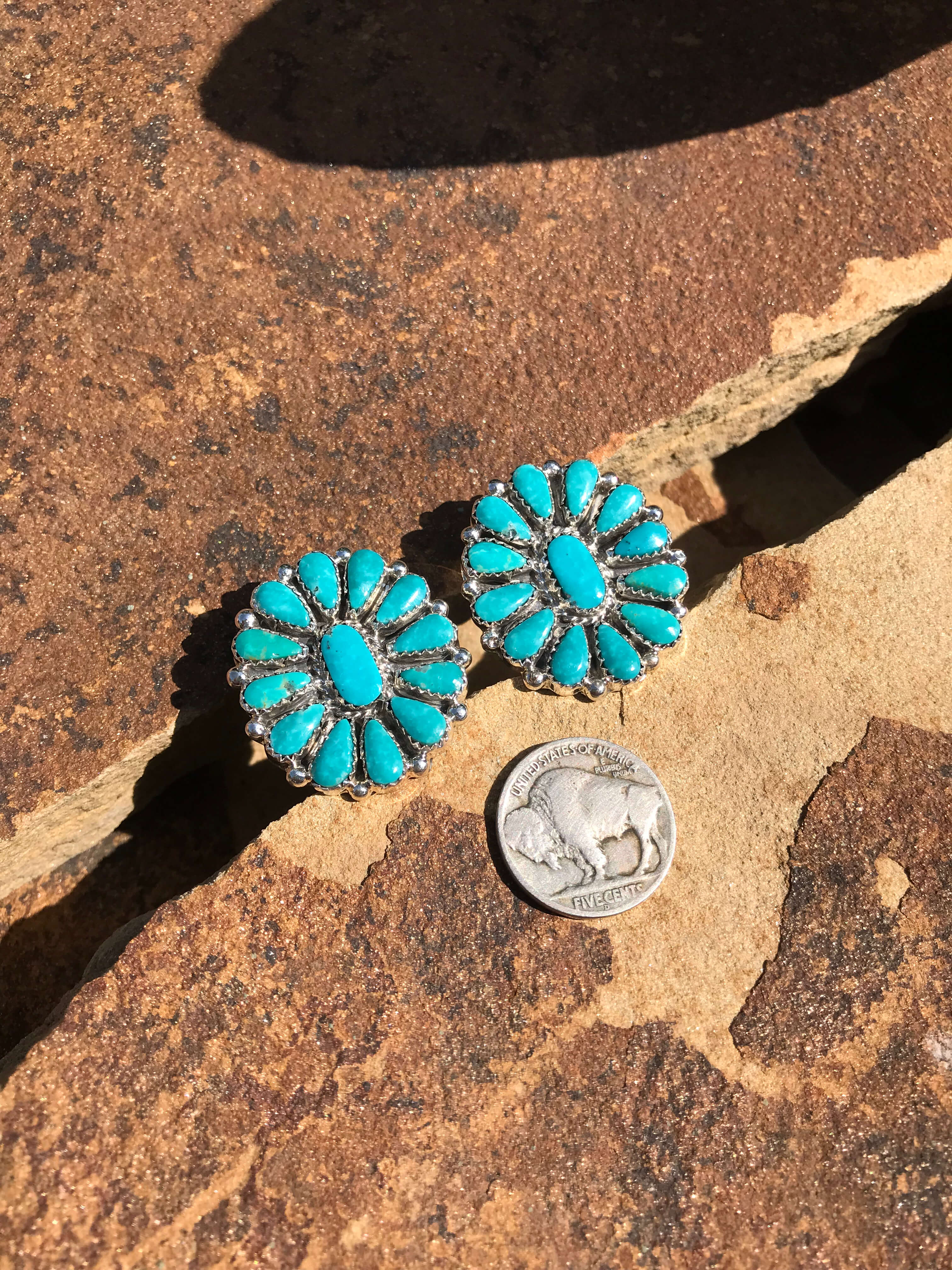 The Western Skies Cluster Earrings, 9-Earrings-Calli Co., Turquoise and Silver Jewelry, Native American Handmade, Zuni Tribe, Navajo Tribe, Brock Texas