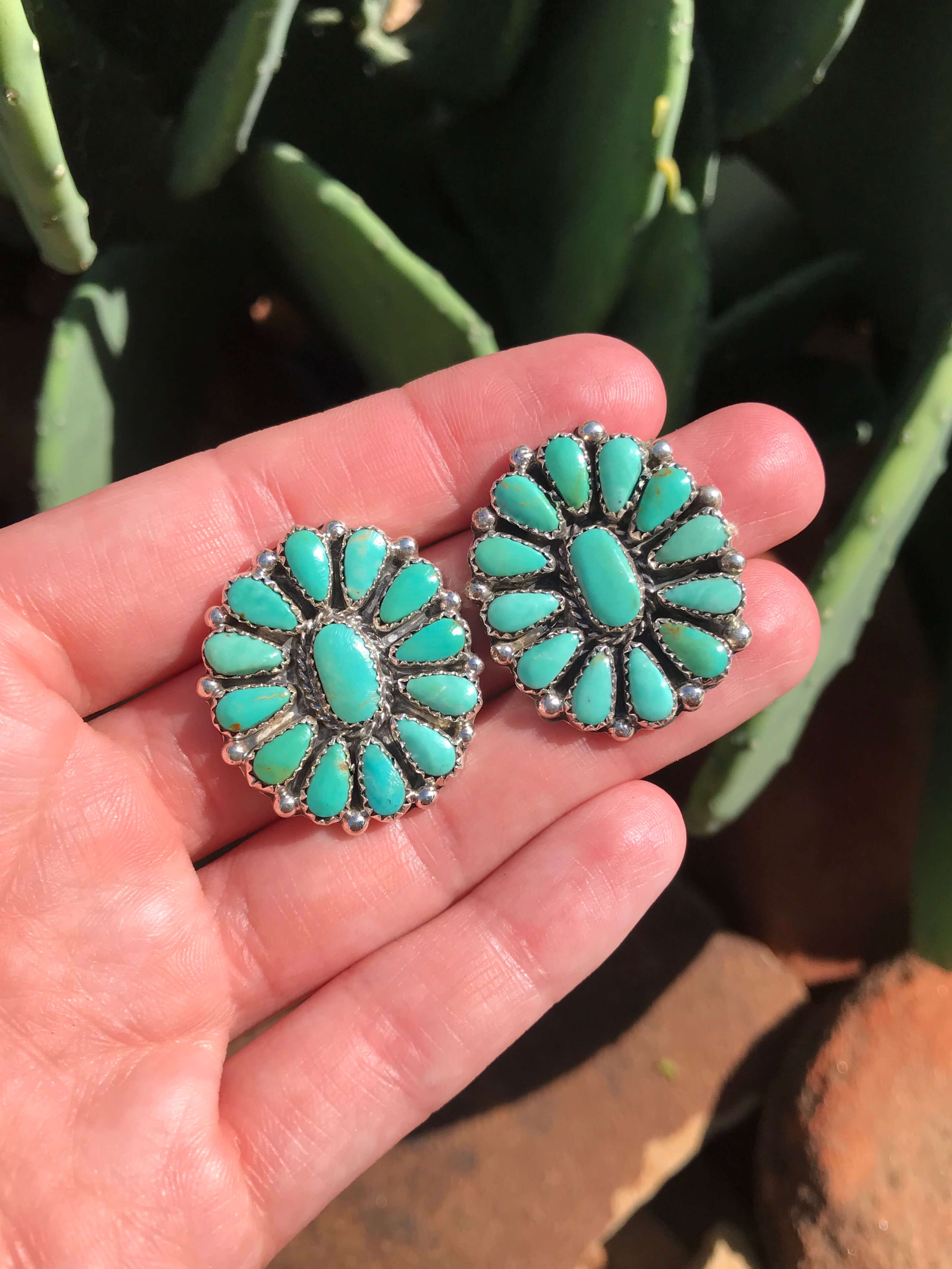 The Western Skies Cluster Earrings, 10-Earrings-Calli Co., Turquoise and Silver Jewelry, Native American Handmade, Zuni Tribe, Navajo Tribe, Brock Texas