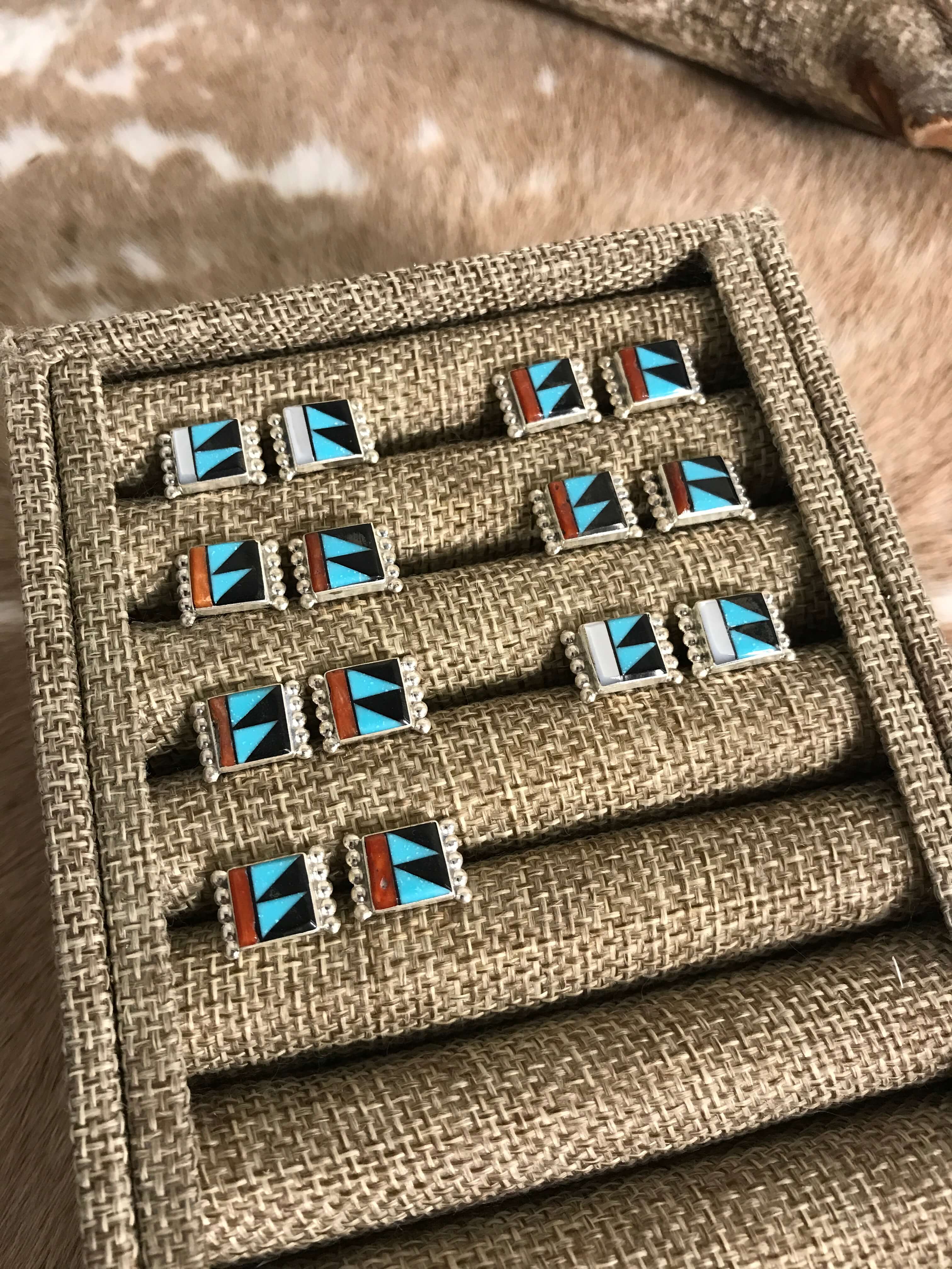 The Cinna Inlay Studs-Earrings-Calli Co., Turquoise and Silver Jewelry, Native American Handmade, Zuni Tribe, Navajo Tribe, Brock Texas