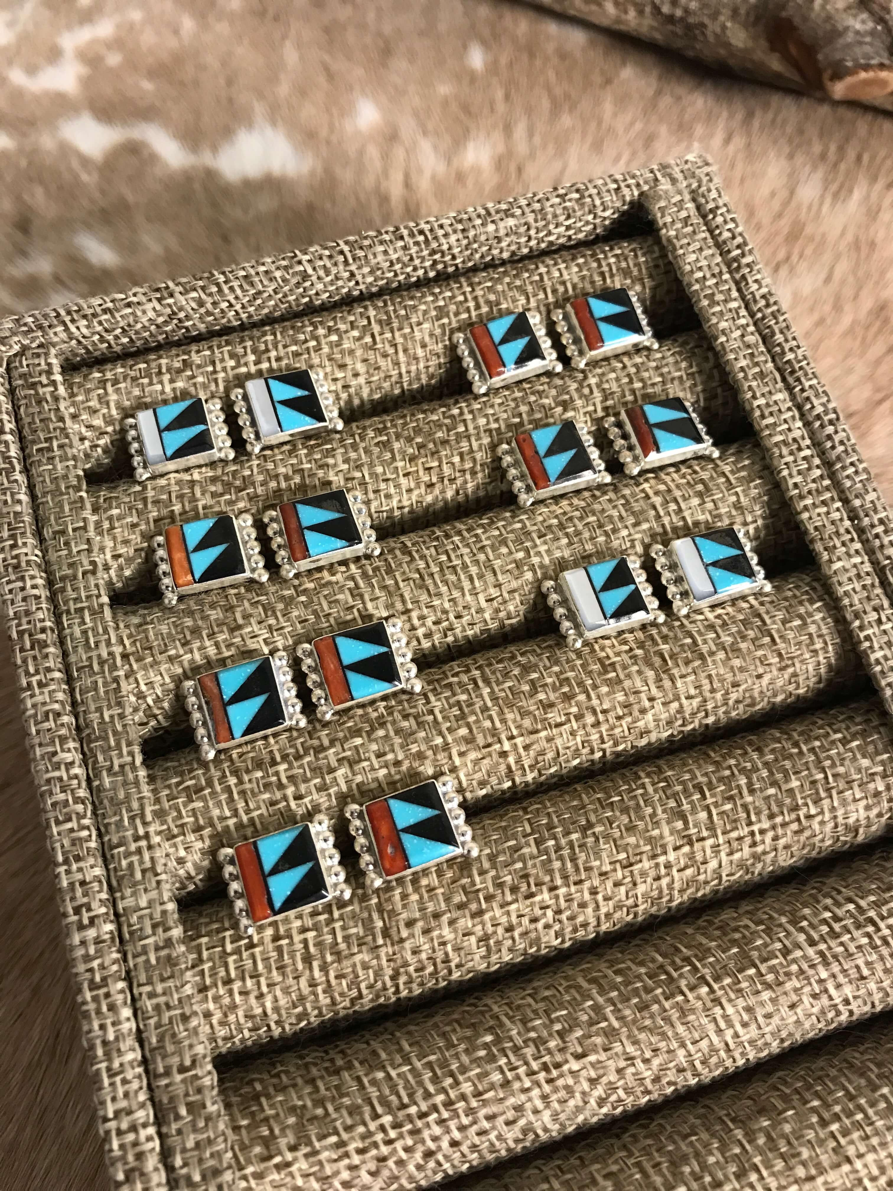 The Cinna Inlay Studs-Earrings-Calli Co., Turquoise and Silver Jewelry, Native American Handmade, Zuni Tribe, Navajo Tribe, Brock Texas